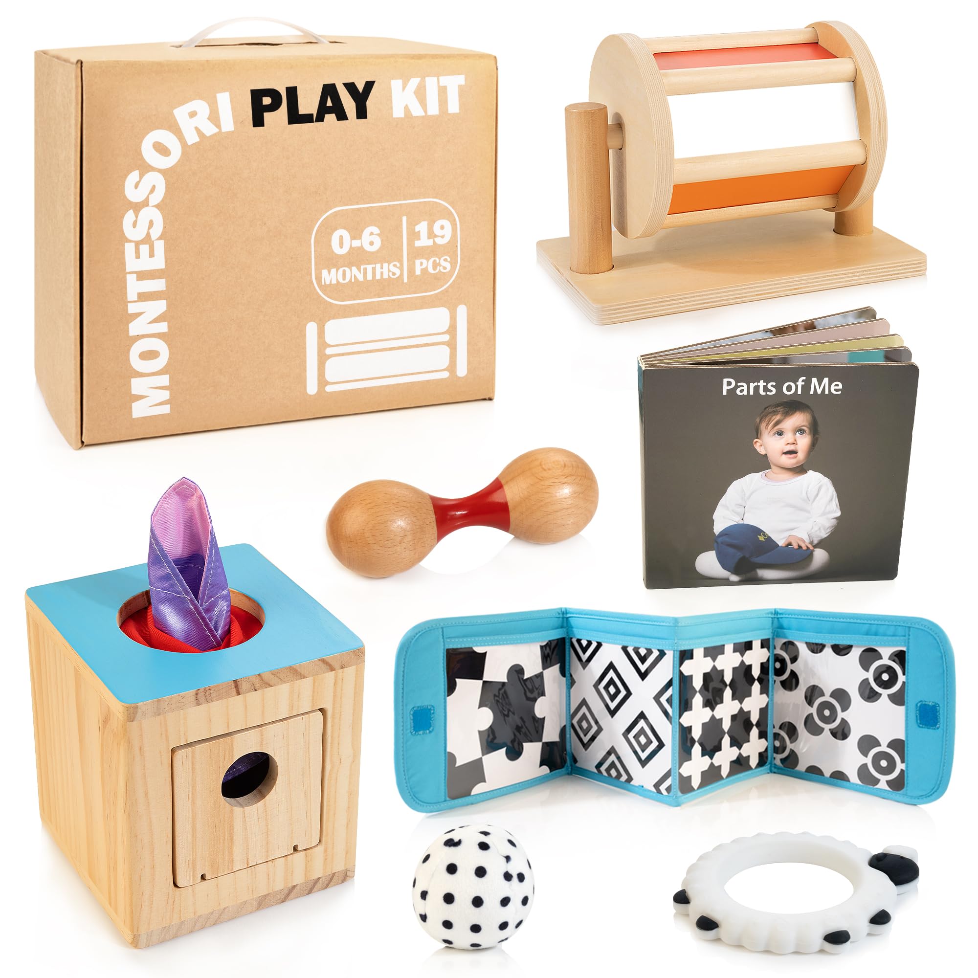 Montessori Toys for Babies 0-6 Months | 8-in-1 Educational Sensory Toy Set for Newborns 0-3-6 Months | Includes Tissue Box, High Contrast Toys, Spinning Drum, Teether | Perfect for Early Learning & Playtime at Home or On-the-Go