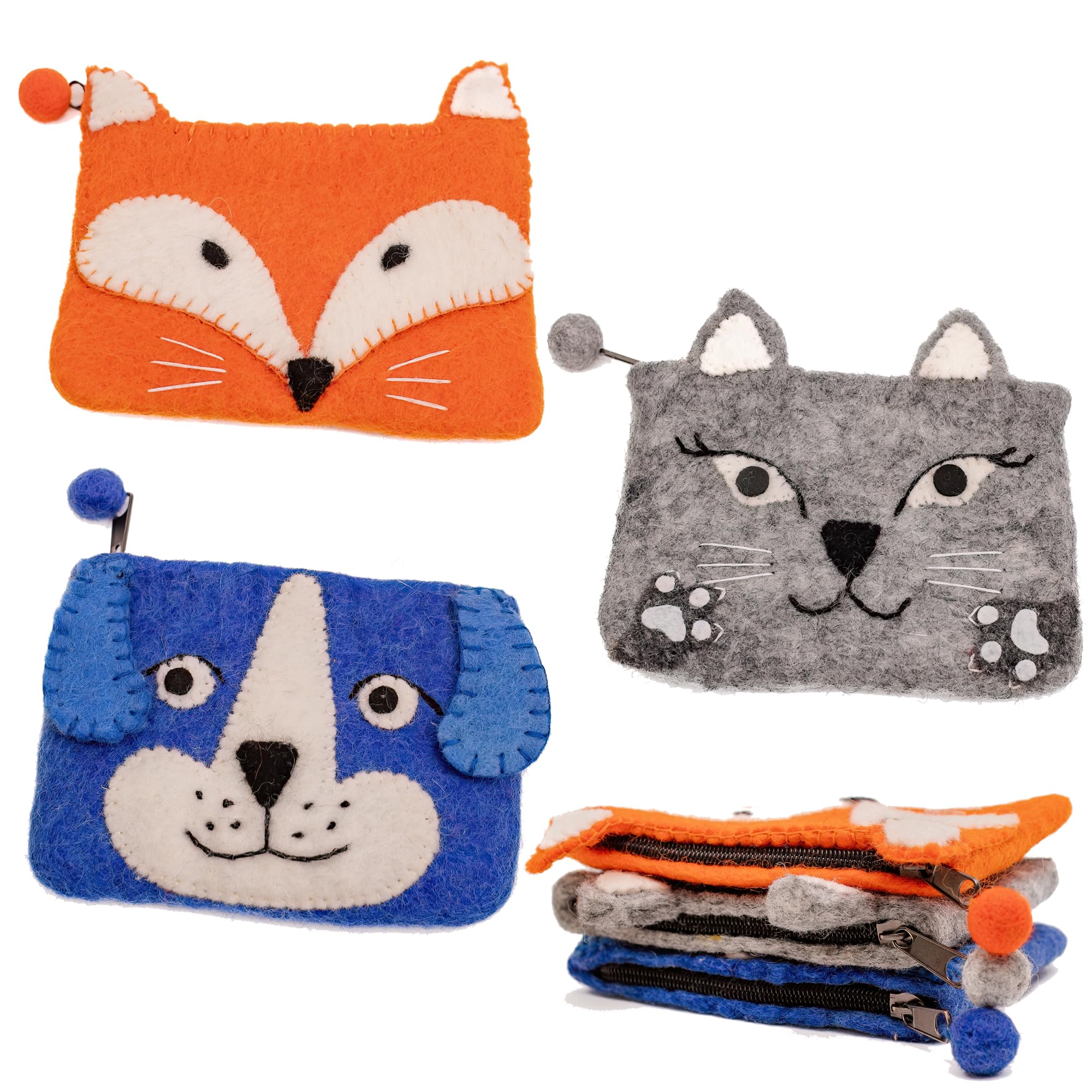 Handmade Wool Animal Coin Pouch Bag - Mini Zip Coin Purse for Women & Kids - Small Travel Organizer for Makeup, Jewelry, Skincare & Toiletries - Perfect Gift Set of 3 for Birthday, Christmas & Daily Use