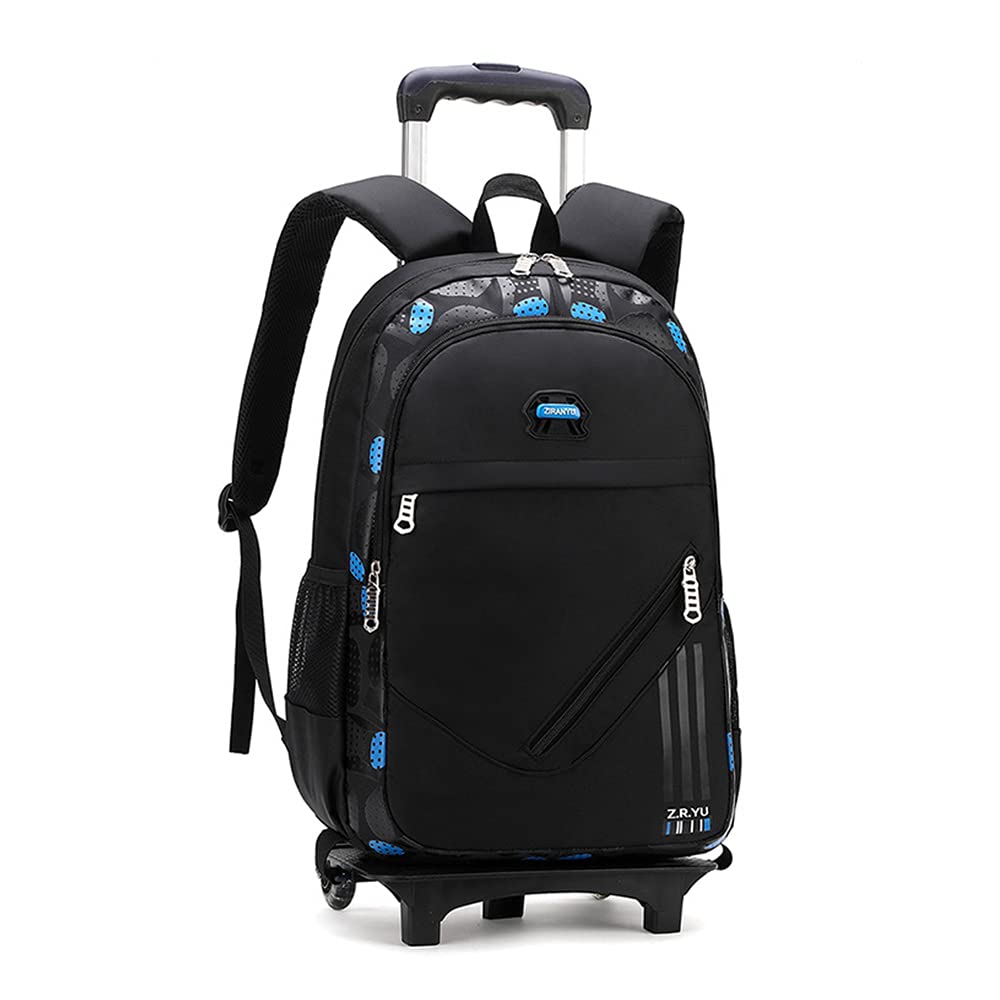 Yookeyo Large Solid Color Boys Rolling Backpack - 2-Wheel Wheeled School Bag with Removable Trolley Handle, Durable Kids Travel Luggage (Black/Blue) - Perfect for School, Travel & Daily Commute