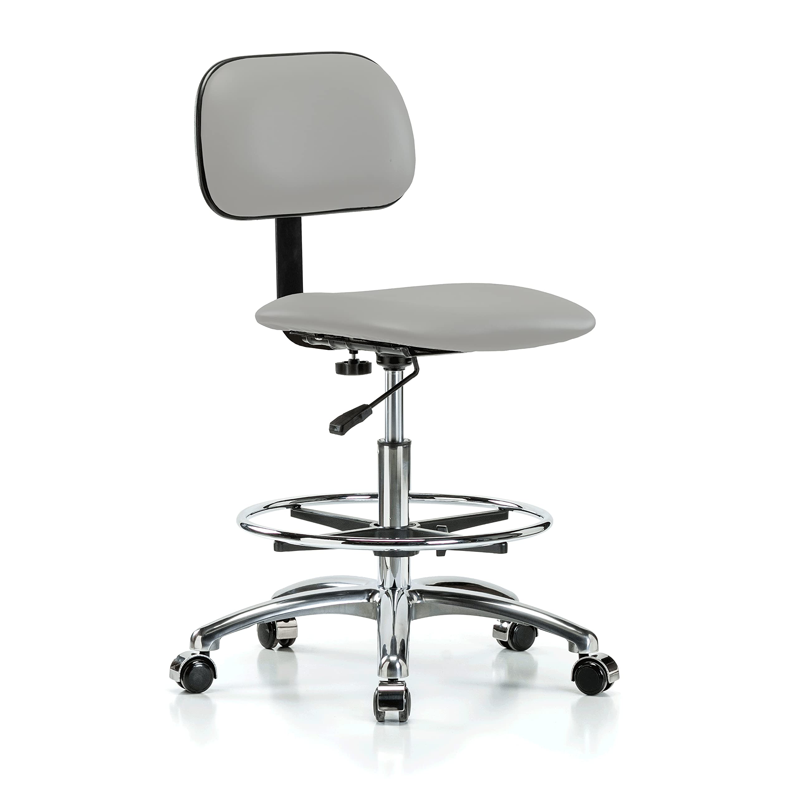 Adjustable Rolling Lab Chair with Chrome Perch Base & Foot Ring - Ergonomic Stool for Workbenches, Hardwood & Tile Floors - Grey Vinyl Seat for Labs, Workshops & Home Offices