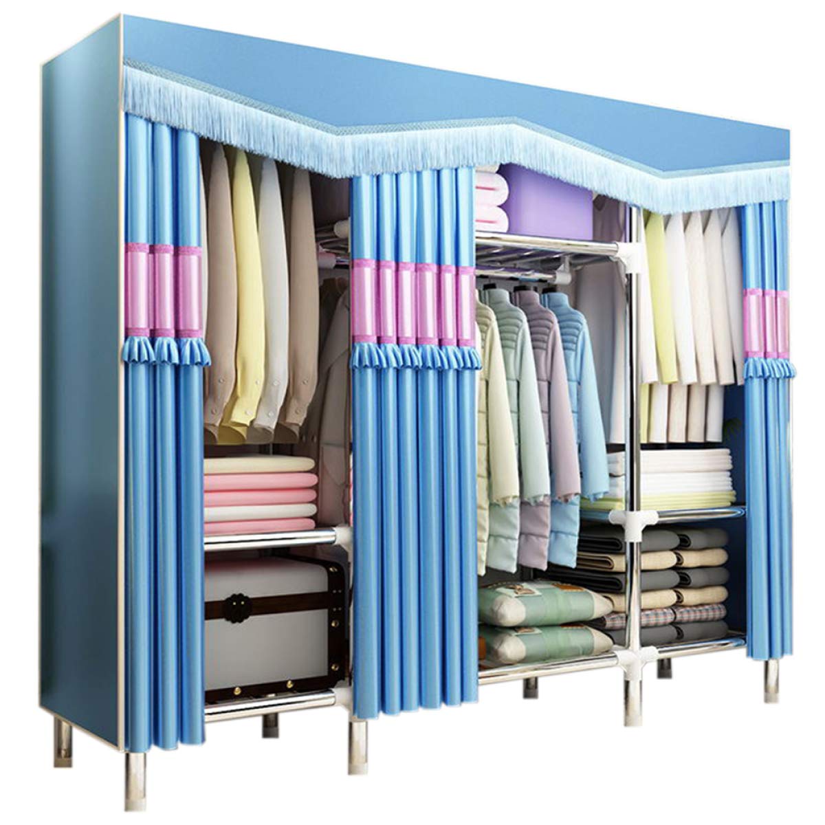 BYCDD Portable Cloth Wardrobe with Steel Pipe Hanging Rod - Foldable Closet Storage Organizer for Bedroom, Clothes Rack with Shelf (Blue, 66 x 18 x 68 Inches) - Perfect for Small Spaces, Dorm Rooms & Extra Clothing Storage