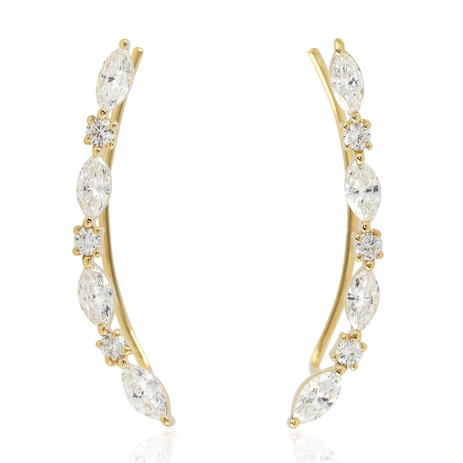 18K Yellow Gold Marquise Cut Diamond Ear Climber Earrings – Elegant Designer Ear Cuffs for Parties, Weddings & Special Occasions