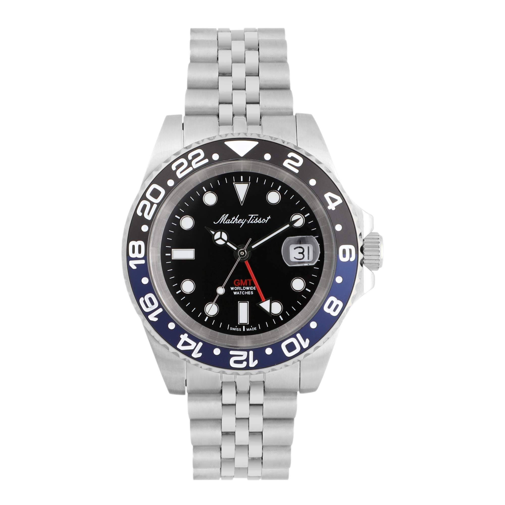 Mathey-Tissot Vintage GMT Automatic Men's Watch - Black Dial, Batman Bezel, Stainless Steel, Swiss Movement - Perfect for Business, Travel & Luxury Gifts (Model H903ANB)