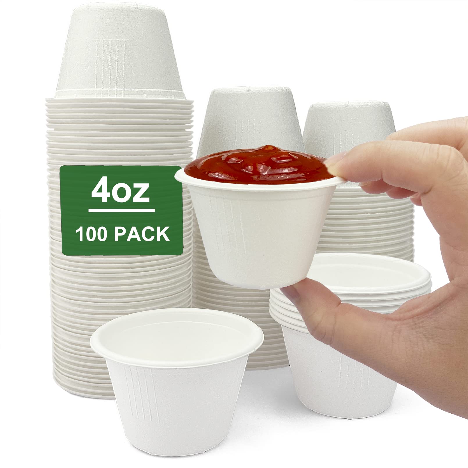 Eco-Friendly 4 oz Disposable Bagasse Fiber Souffle Cups - 100% Natural Biodegradable & Compostable Condiment Cups (100-Pack, White) - Perfect for Parties, Catering, and Food Tasting Events