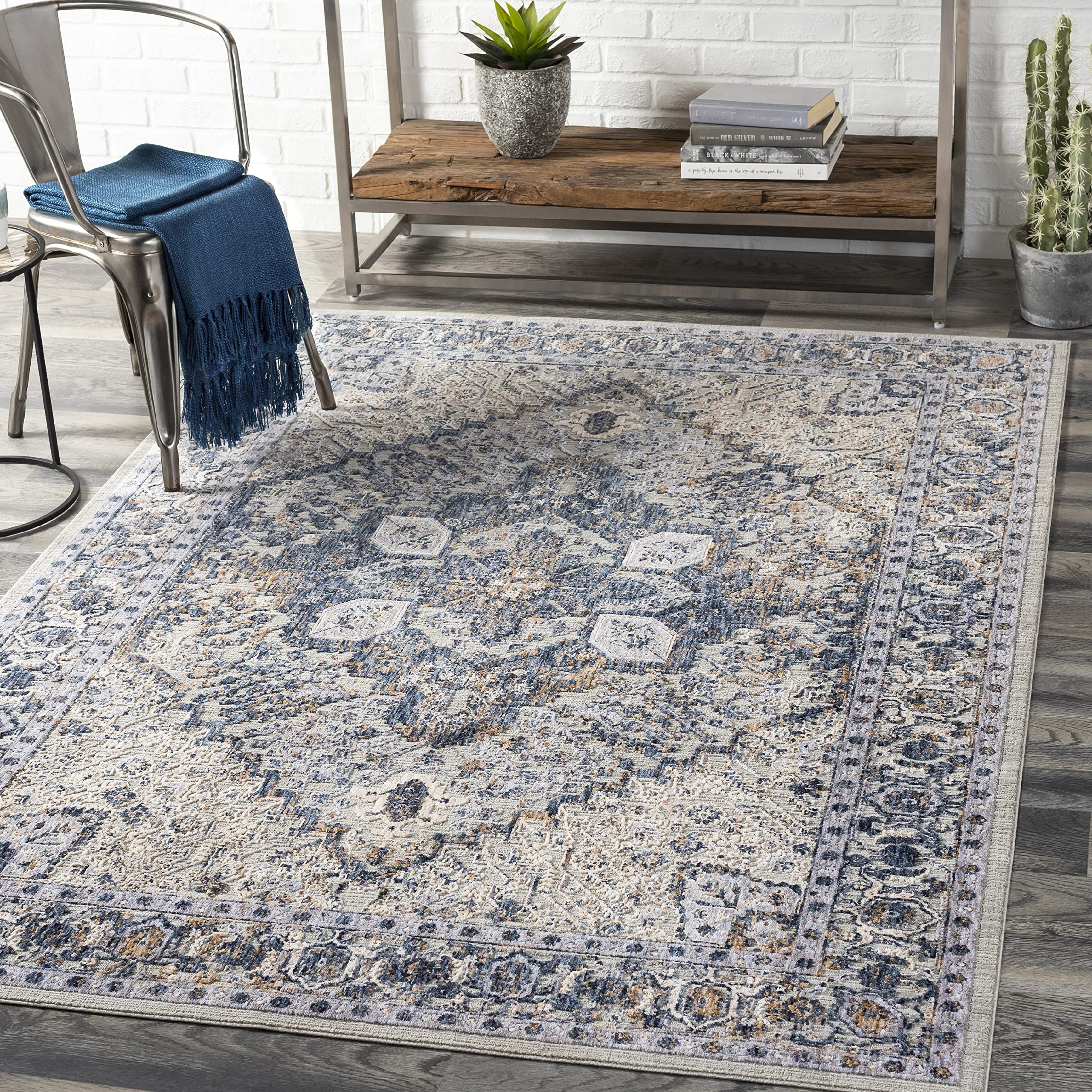 Mark&Day Traditional Dark Blue Area Rug 8x10 - Blue Gray Cream Carpet for Living Room, Bedroom, Kitchen | Non-Slip & Durable | Perfect for Home Decor & High Traffic Areas (7'10