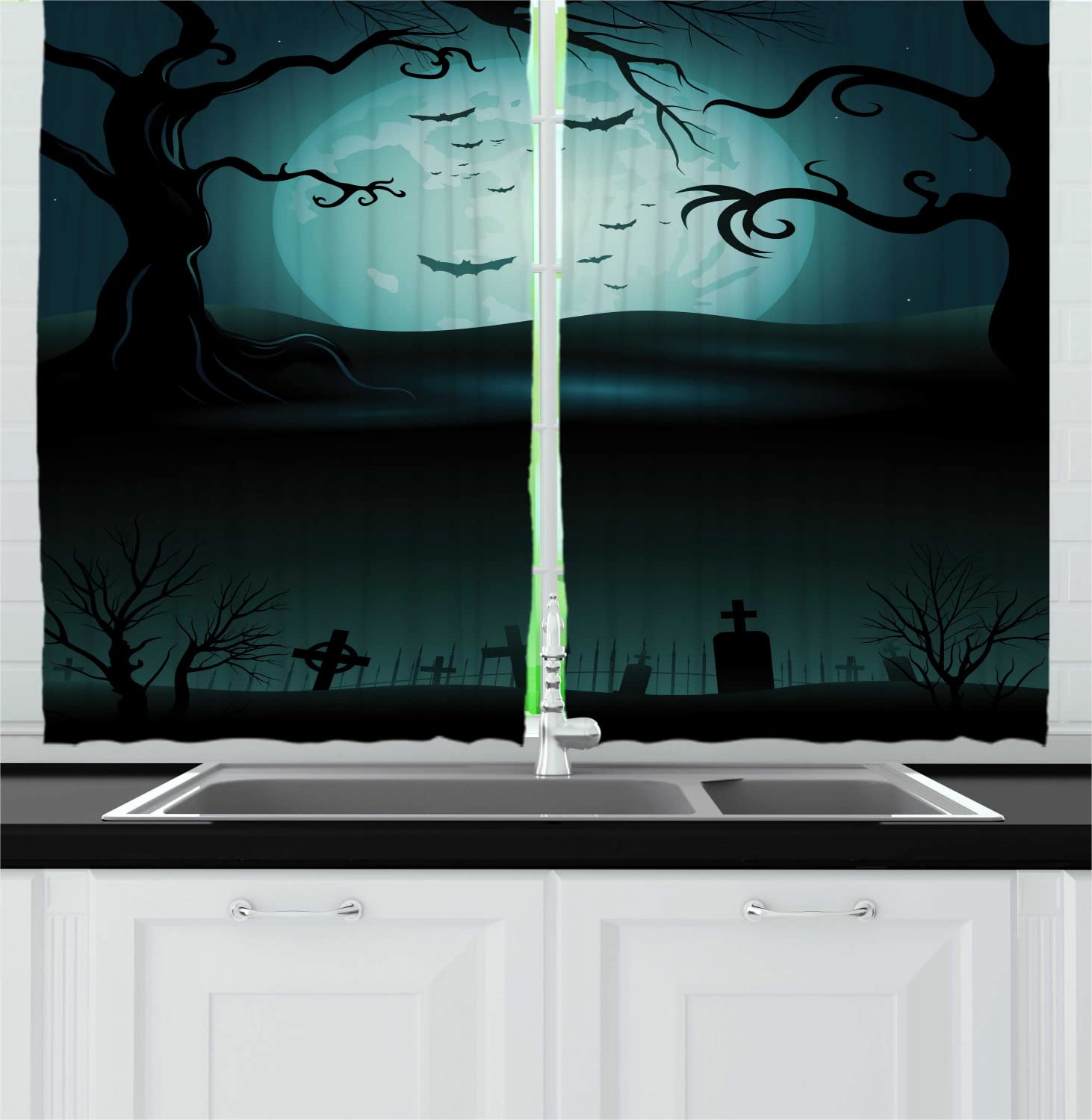 Ambesonne Dark Forest Halloween Kitchen Curtains - Creepy Graveyard Trees Scene, 2 Panel Rod Pocket Drapes, 55