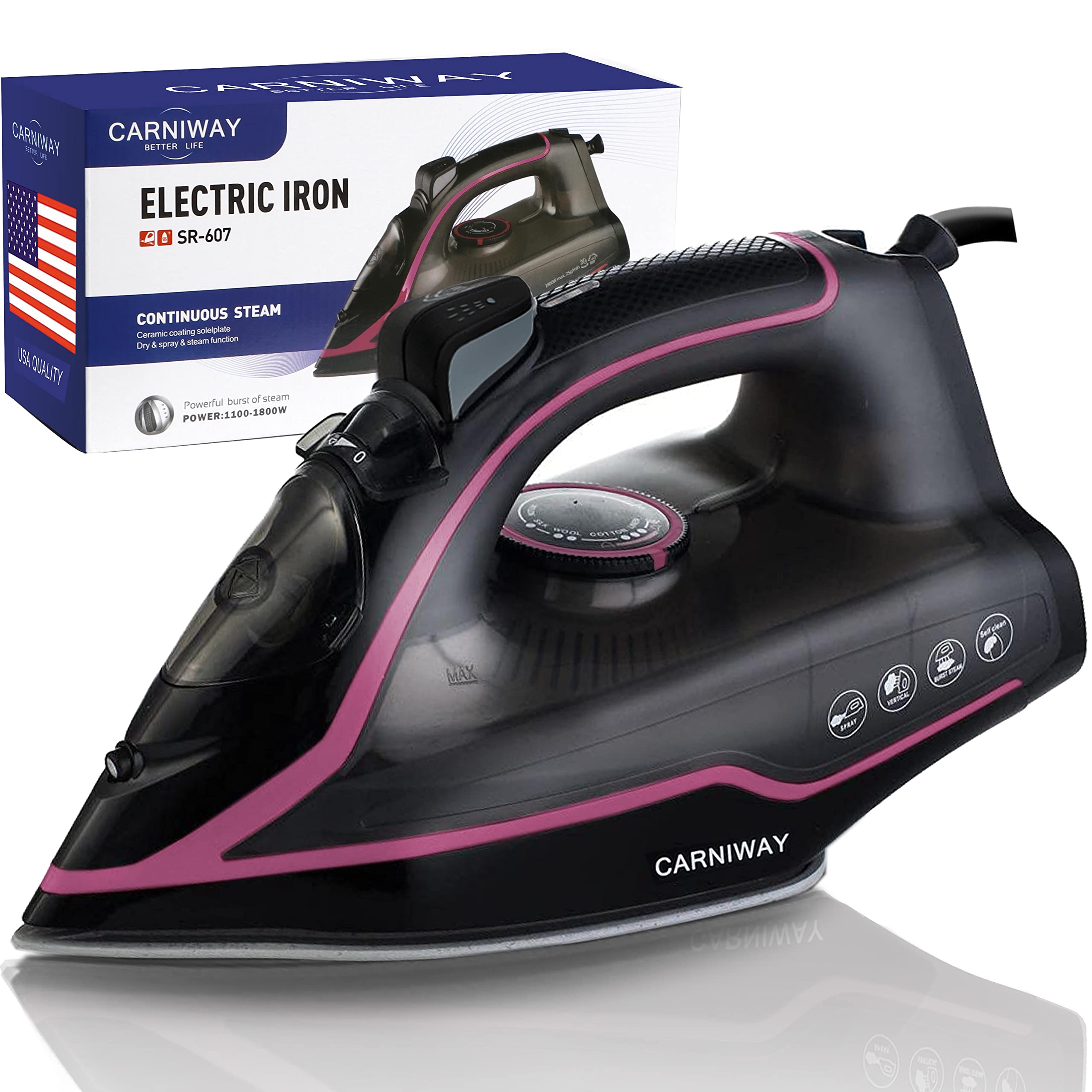 Professional 1800W Steam Iron for Clothes - Lightweight Portable Travel Iron with Self-Cleaning & 300ml Water Tank - Perfect for Home, Office, and Travel - Fast Even Heat, Non-Stick Ceramic Soleplate, Steam-Dry Function