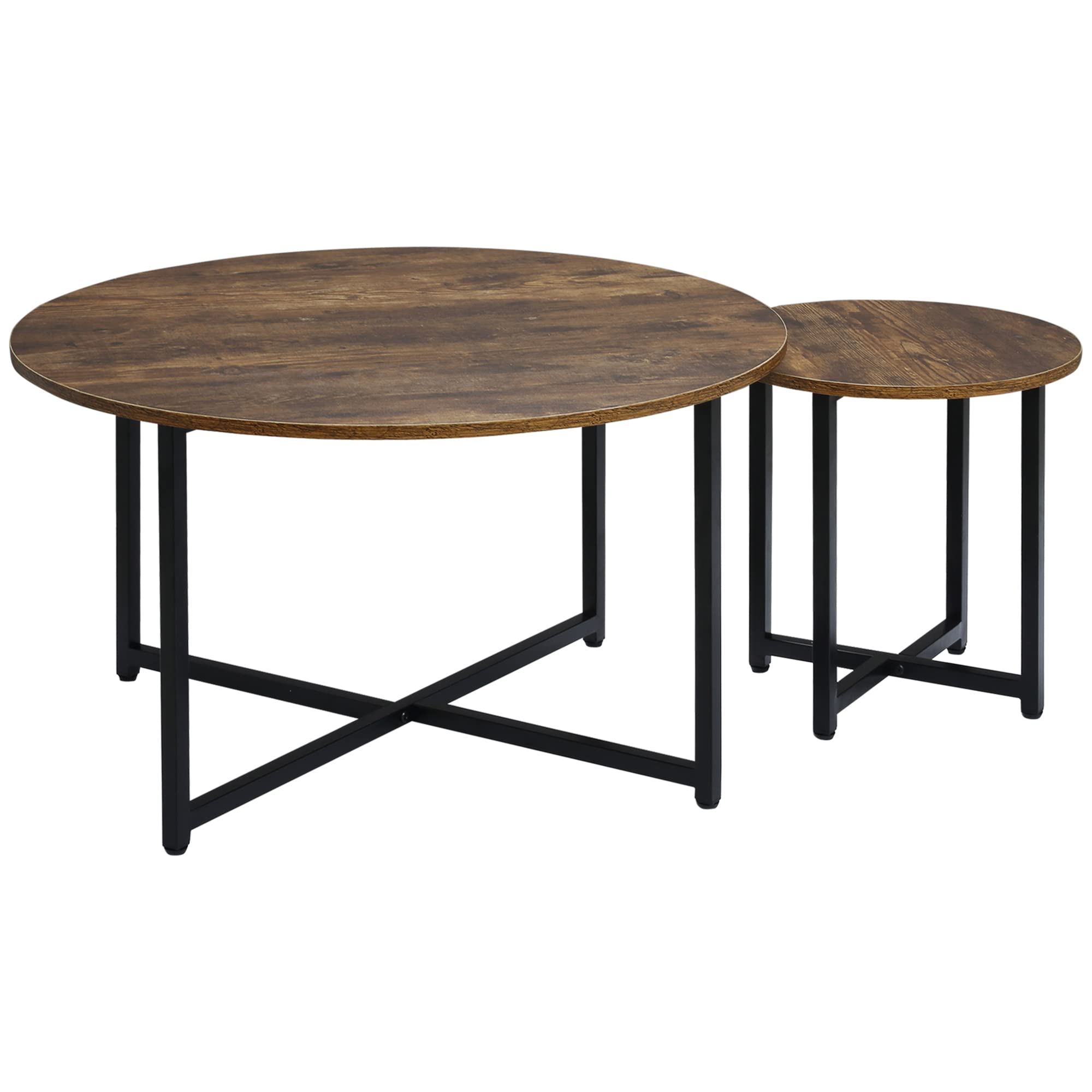 HOMCOM 2-Piece Round Coffee Table Set with Metal Frame - Industrial Style Living Room Tables, Rustic Brown Circle Coffee Tables for Home Decor & Small Space Furniture