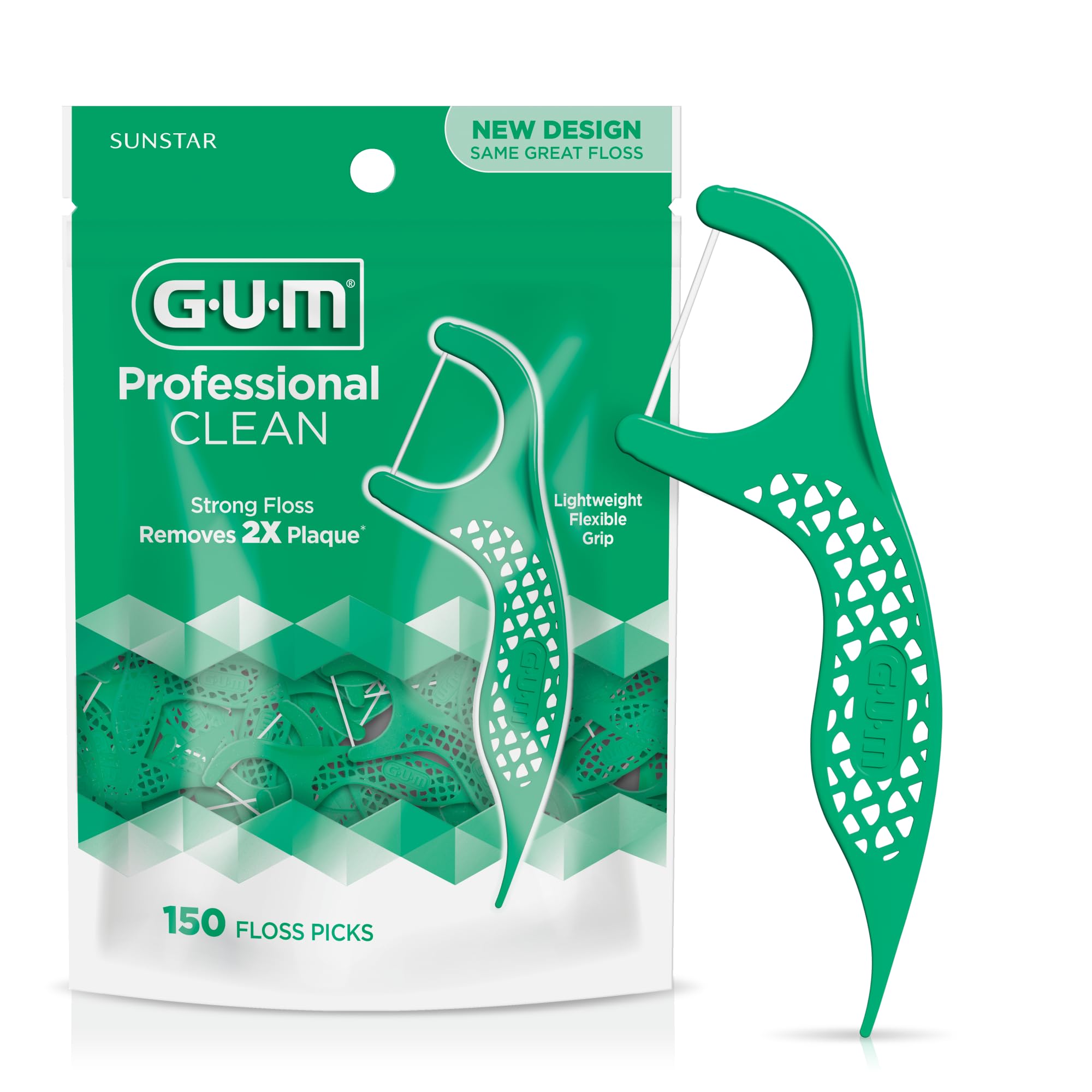 GUM Professional Clean Floss Picks - Extra Strong Shred-Resistant Dental Floss with Easy Grip Handle - 150 Count Mint Flossers for Adults - Perfect for Travel, Office & Daily Oral Care