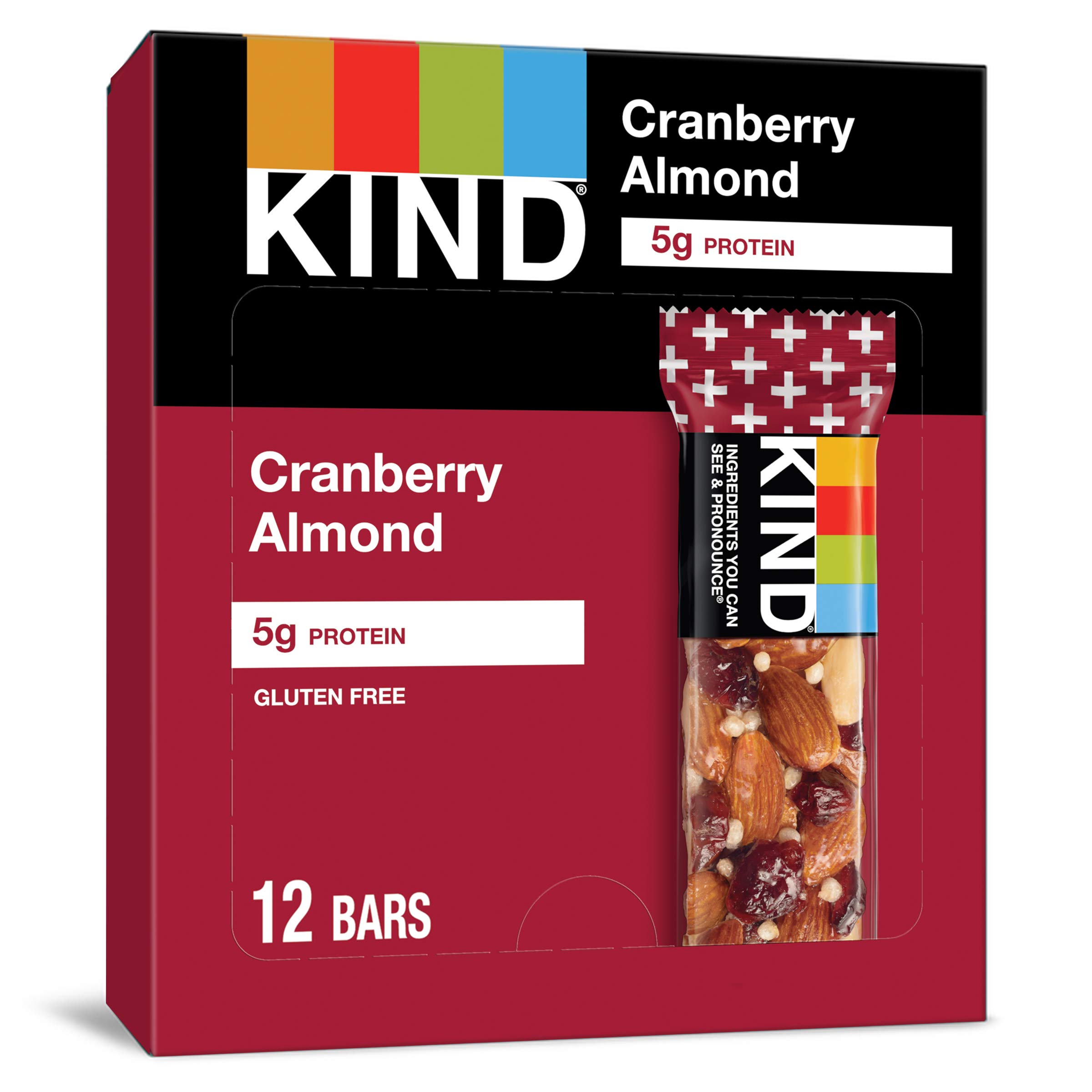 KIND Nut Bars, Cranberry Almond - Healthy Snack Bars with 5g Protein & Fiber, Gluten Free (12 Count) - Perfect for On-the-Go Breakfast, Hiking & Office Snacks