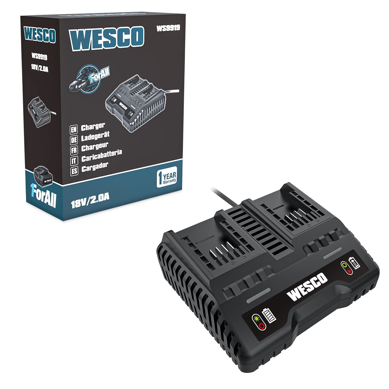 WESCO 20V Fast Charger WS9919 - Compatible with 20V Cordless Power Tools - Perfect for Drills, Saws & Outdoor Power Equipment
