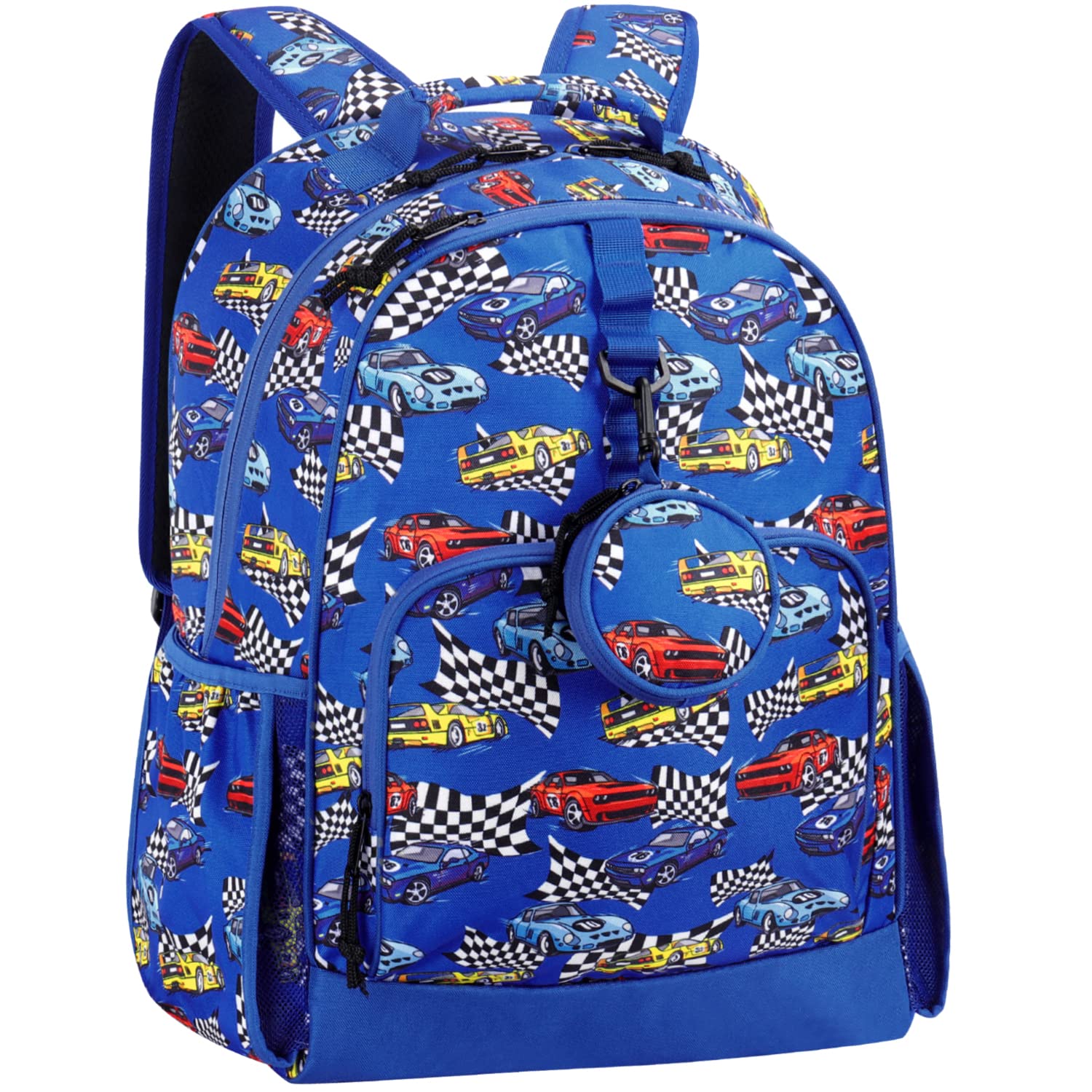 Choco Mocha Race Car Backpack for Boys - 17 Inch School Bookbag with Chest Strap for Elementary Students (Ages 5-8, Grades 2-3) - Durable Blue Backpack for Kids | Perfect for School, Travel & Sports Activities