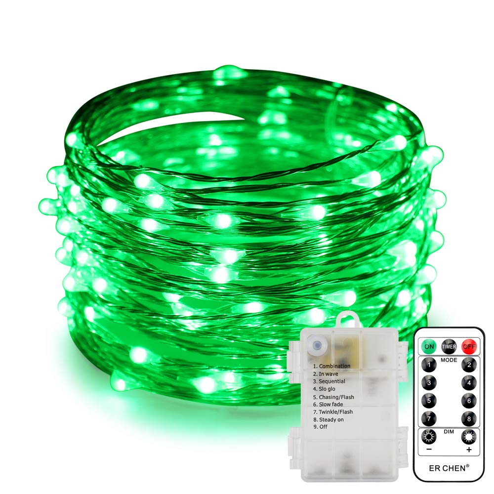 Battery Operated Silver Copper Wire LED String Lights - 33FT 100 LEDs, 8 Modes Dimmable Waterproof Fairy Lights with Remote Control & Timer for Indoor Outdoor Wedding, Bedroom, Garden, Party (Green) - Perfect for Holiday Decorations, Romantic Ambiance, and Home Lighting