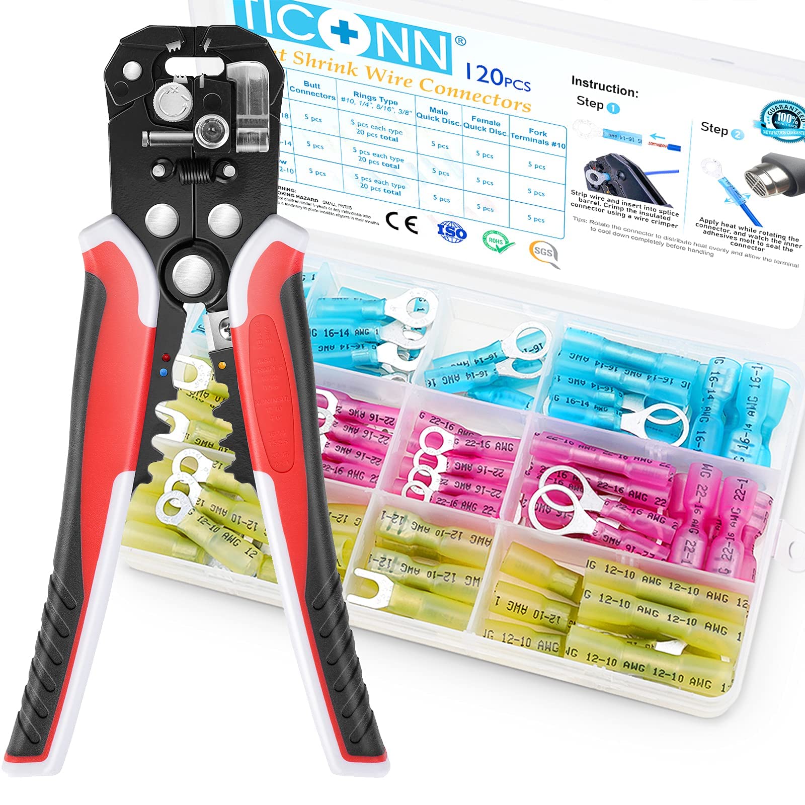 120Pcs Heat Shrink Wire Connectors Kit with Automatic Wire Stripper Tool - Waterproof Electrical Wire Terminals for Automotive, Marine & DIY Electronics Projects
