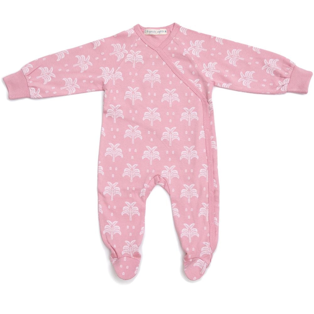 Organic Cotton Crossover Baby Sleepsuit with Feet - Soft Blush Pink Palms & Pineapple Print - Cozy Newborn Sleepwear for Nighttime & Nap Time