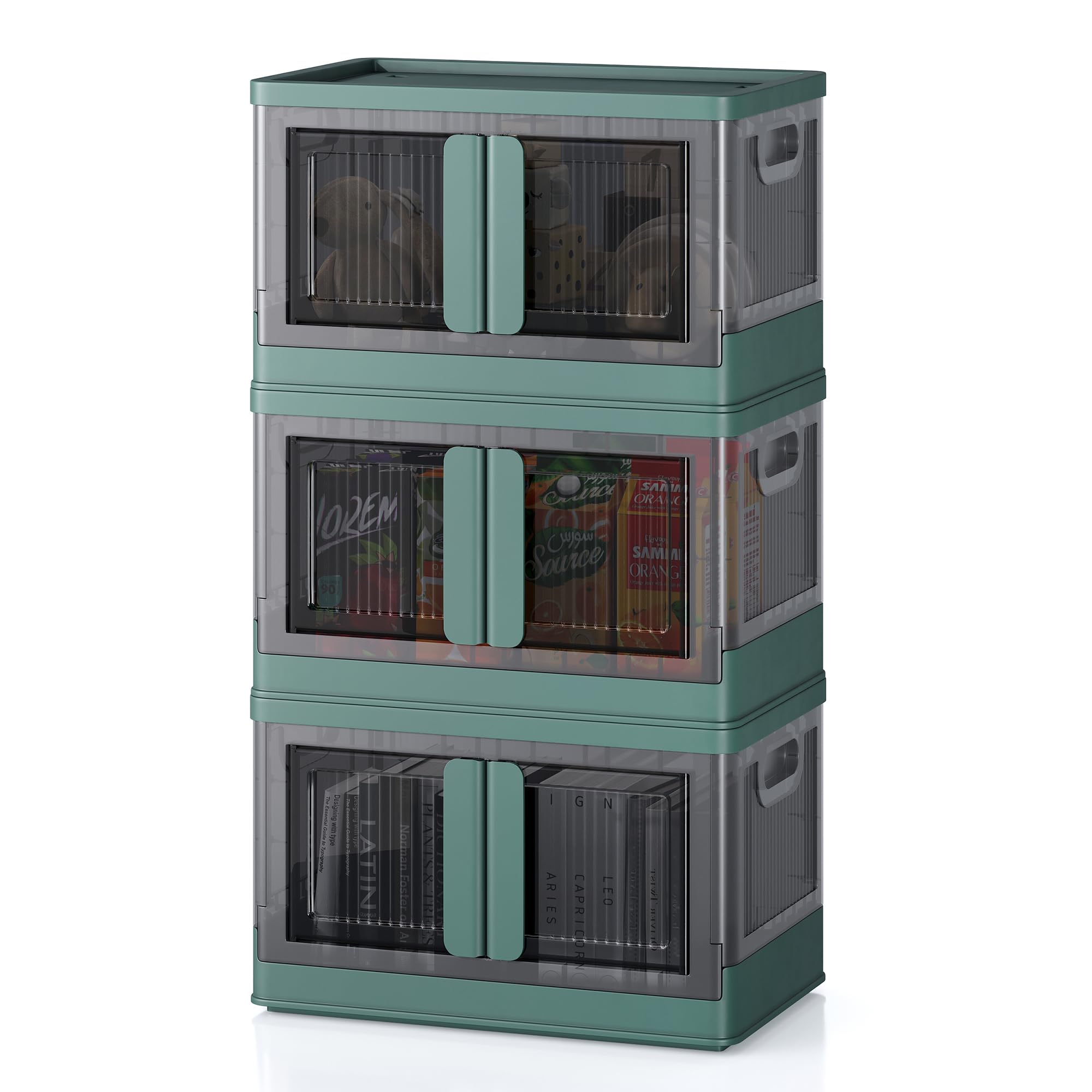 8.4 Gallon Collapsible Storage Bins with Lids, 3 Pack - Stackable Plastic Storage Cabinet with Doors & Wheels for Home Organization | Space-Saving Solution for Closet, Garage, Office & Kids Room Storage