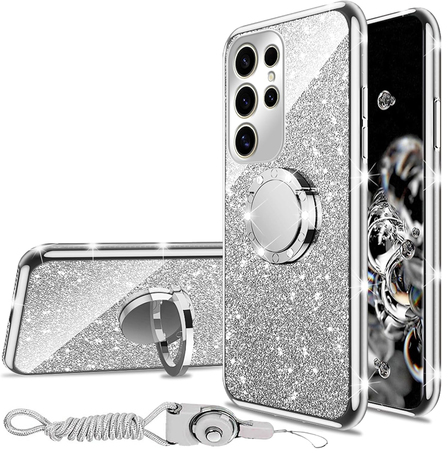 Samsung Galaxy S25 Ultra Glitter Phone Case with 360° Rotating Ring Kickstand - Shockproof Sparkle Cover with Bling Design, Wireless Charging Compatible, Hands Free Stand for Women & Girls - Perfect for Daily Use, Travel, and Selfies