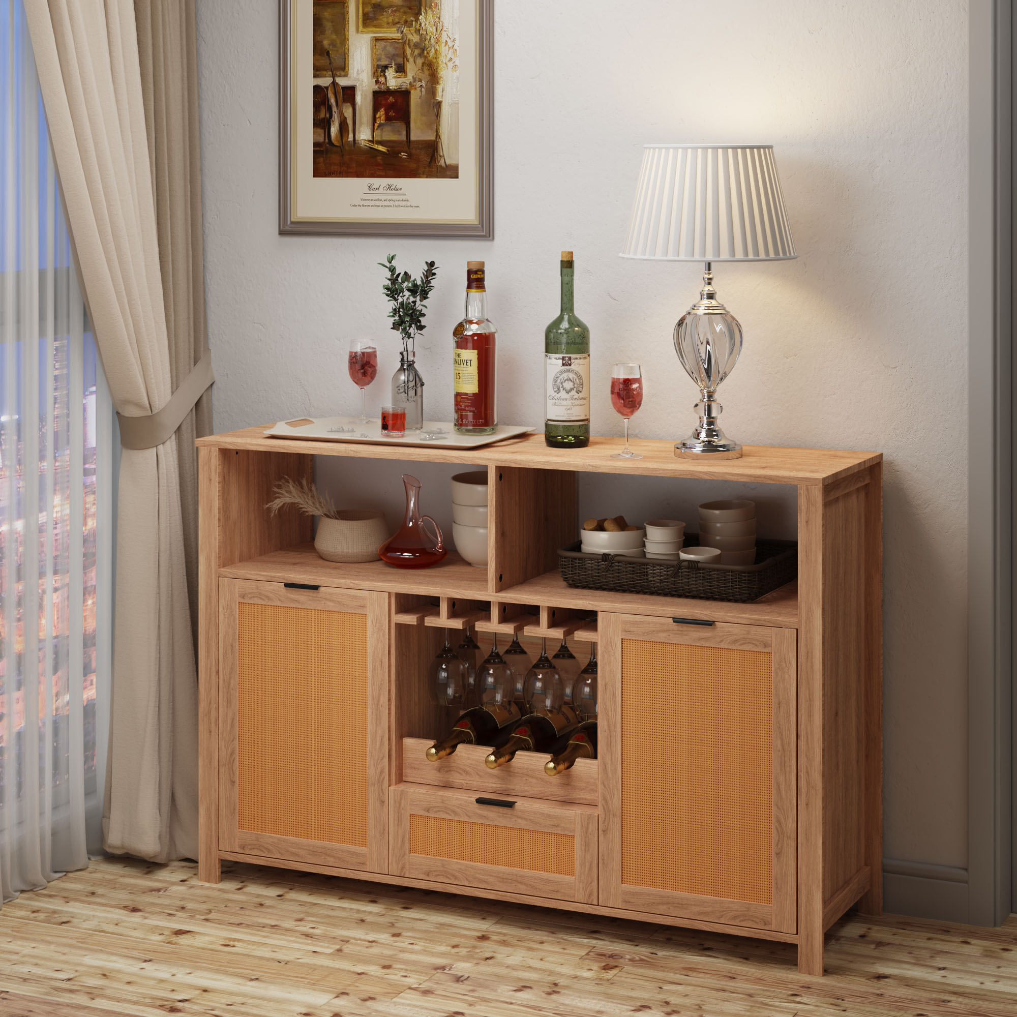 Farmhouse Bar Cabinet with Wine Racks & Storage Drawers - Rustic Beige Sideboard for Dining Room, Living Room & Home Entertaining | Perfect for Wine Storage, Glass Display & Party Hosting