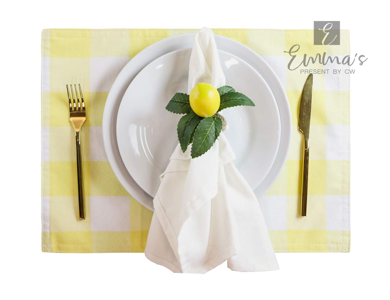 Emma's Buffalo Check Placemats Set of 4 - Waterproof Dining Table & Kitchen Place Mats for Everyday Use - Yellow and White Plaid Table Decor for Casual Meals & Holiday Gatherings