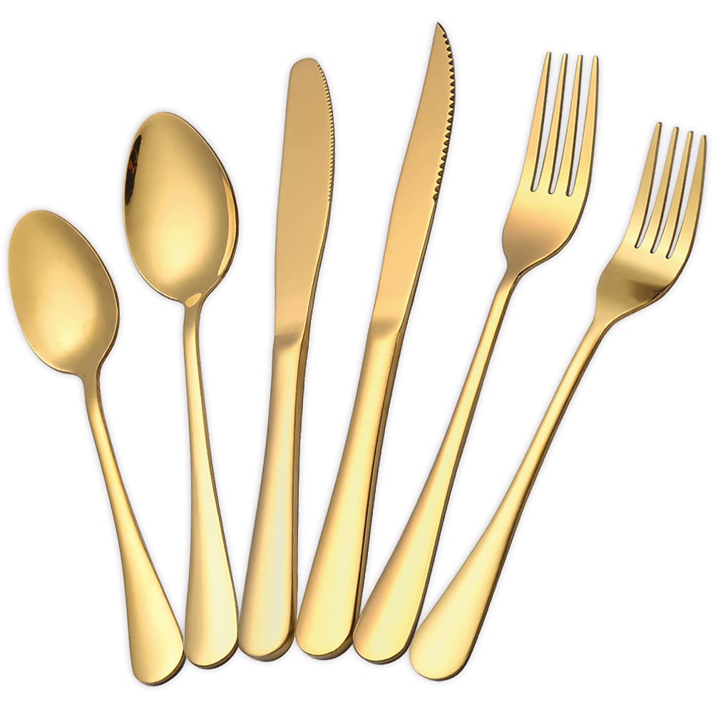 48-Piece CASONDIO Stainless Steel Silverware Set - Gold Flatware Cutlery with Dinner Knife, Fork, Spoon, Teaspoon, Salad Fork & Steak Knife - Elegant Tableware for Dining, Parties & Home Kitchen Essentials