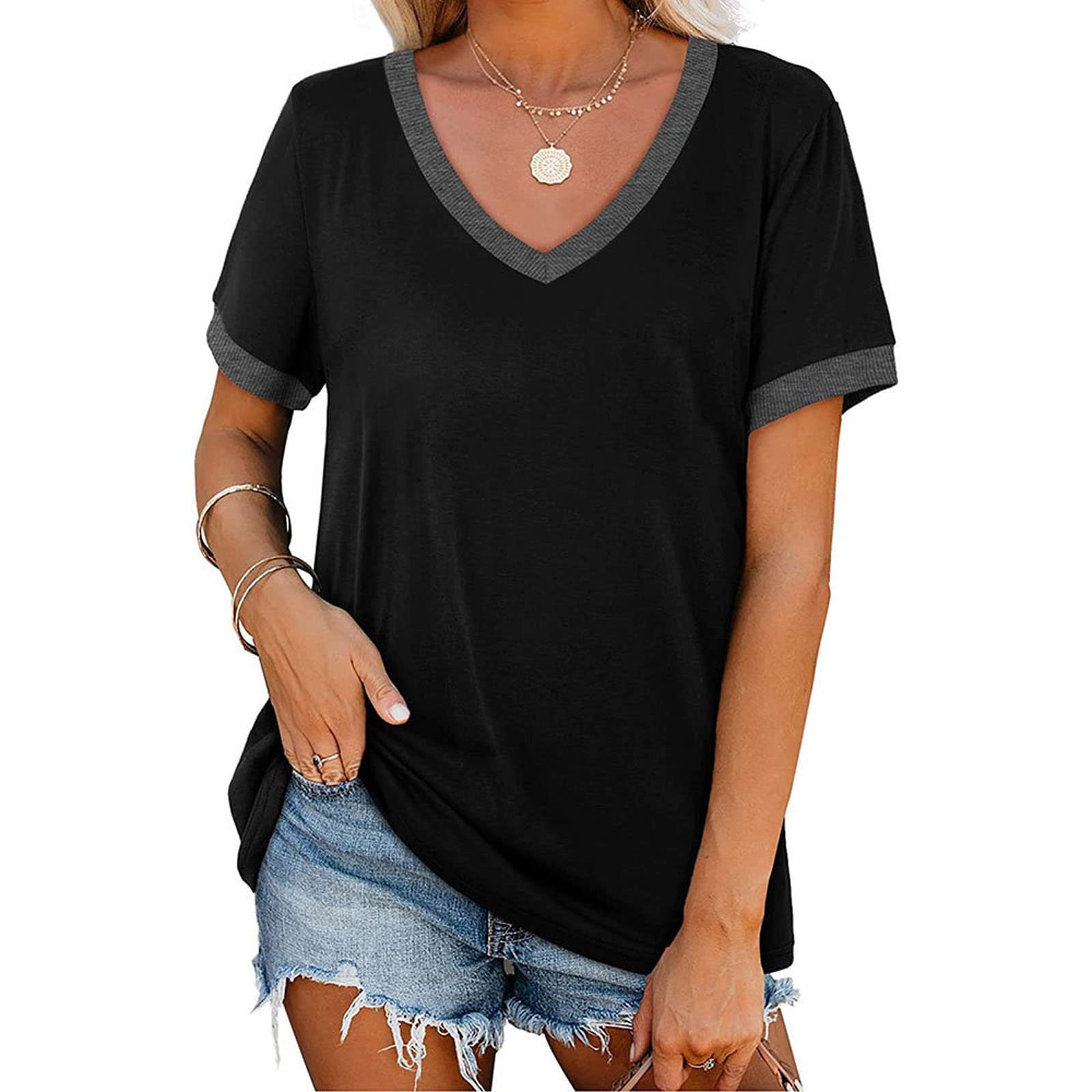 Women's Short Sleeve V-Neck T-Shirt - Loose Casual Summer Top with Pocket - Oversized Tunic Blouse for Women | Comfortable Everyday Wear, Beach Outfits, and Lounge Clothing