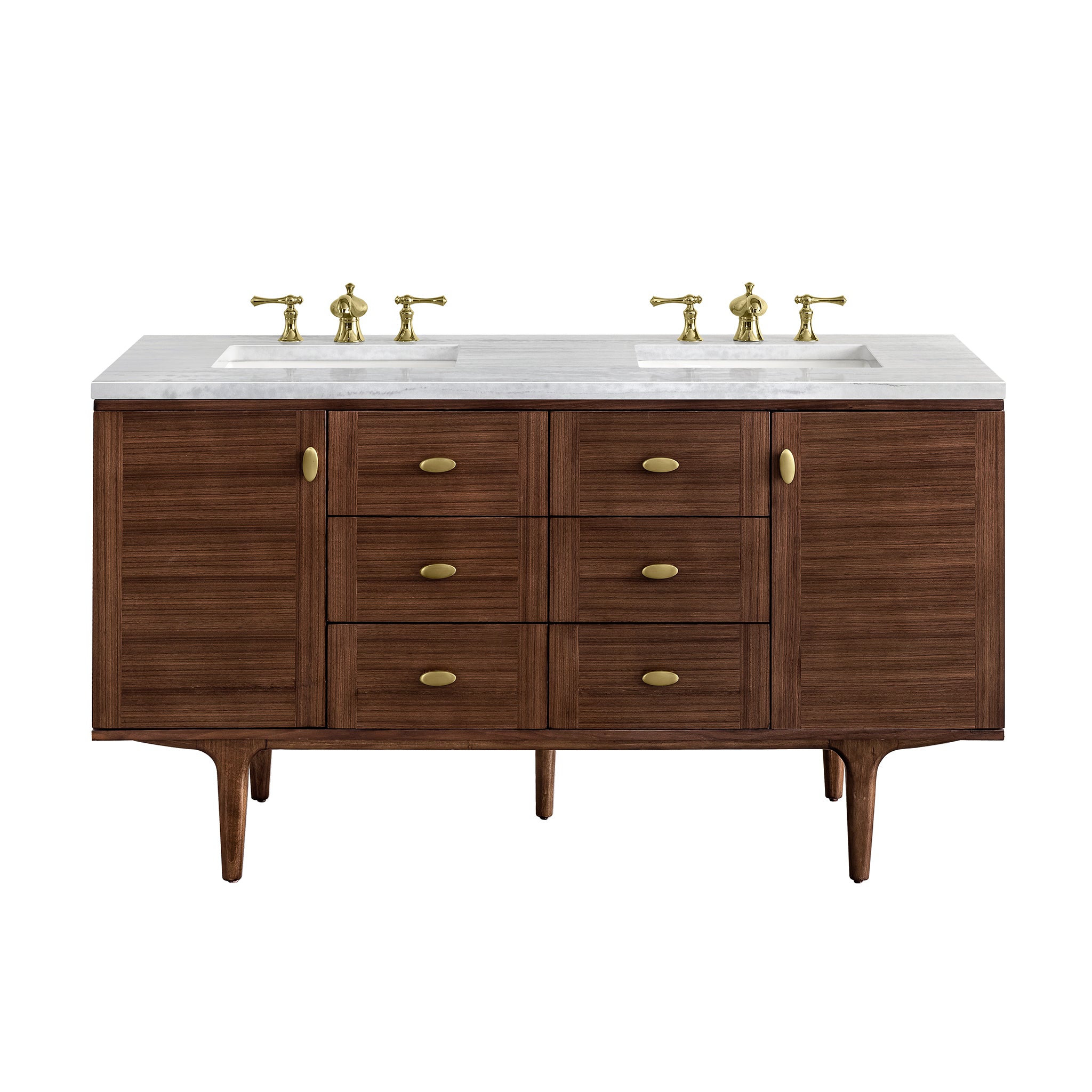 Amberly 60 Inch Double Bathroom Vanity with 3CM Arctic Fall Quartz Top - Mid Century Modern Walnut Design for Master Bathroom & Powder Room Remodel