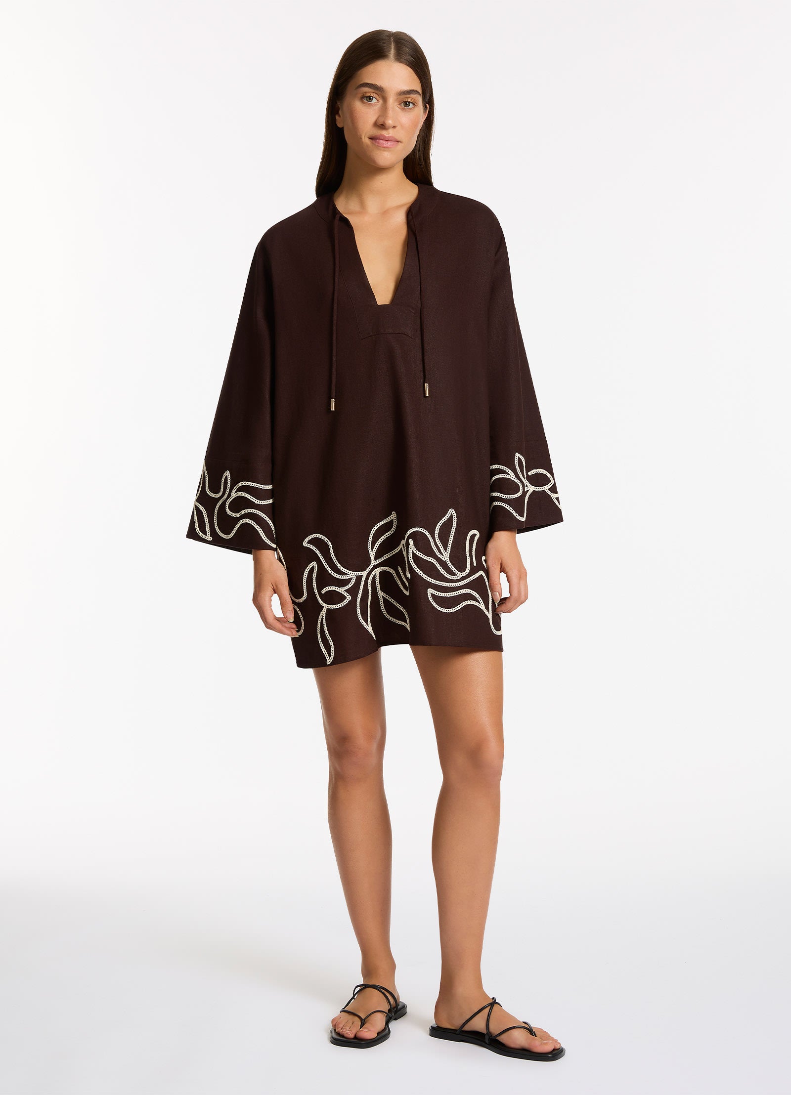 Dahlia Palm Embroidered Mini Kaftan Dress - Floral Boho Chic Beach Cover Up for Women - Perfect for Vacation, Poolside, and Summer Outings