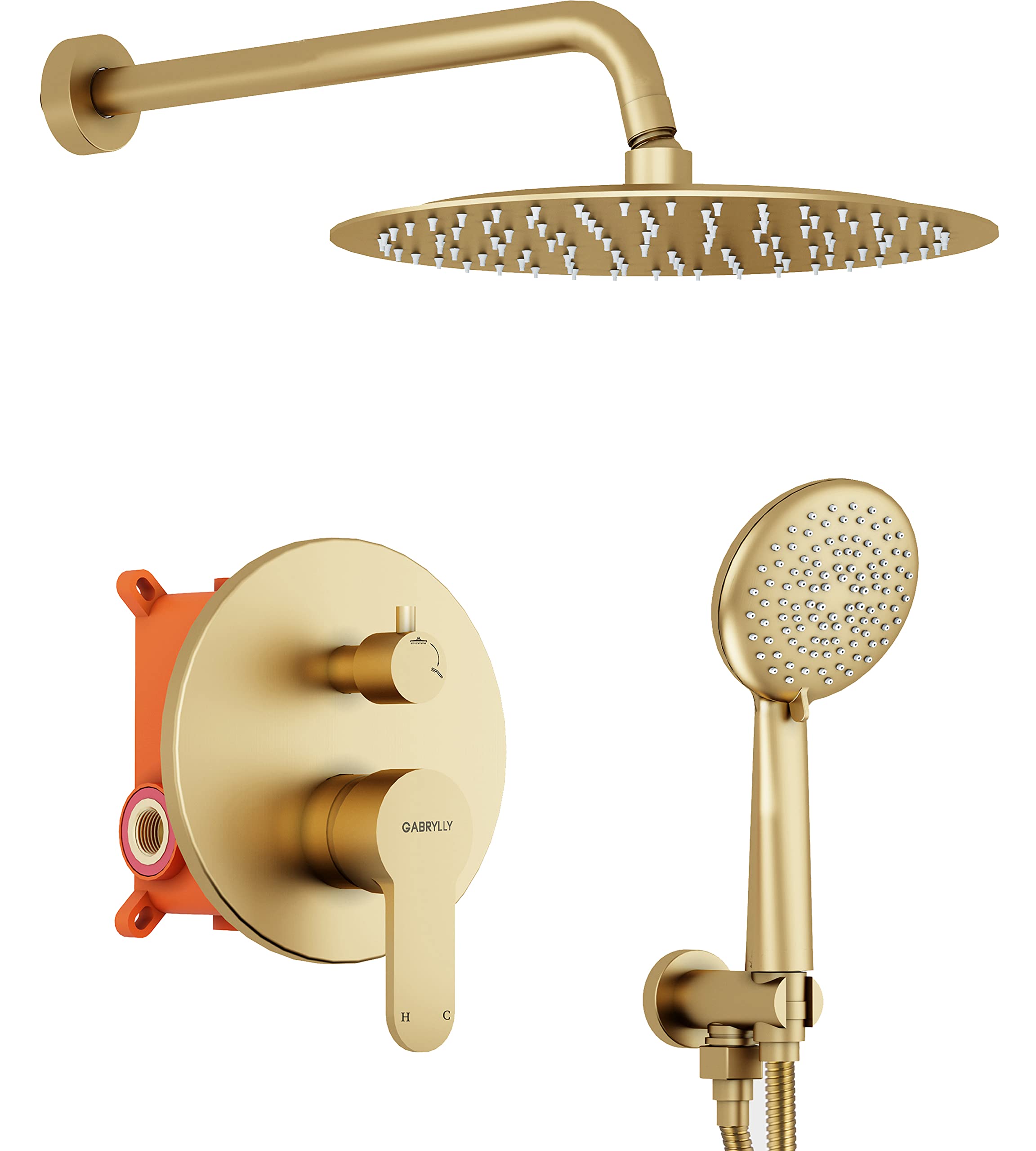 Gabrylly 12 Inch Brushed Gold Shower System - High Pressure Rain Shower Head with Handheld Shower Faucet & Valve Kit | Complete Rainfall Shower Combo Set for Bathroom & Spa Experience