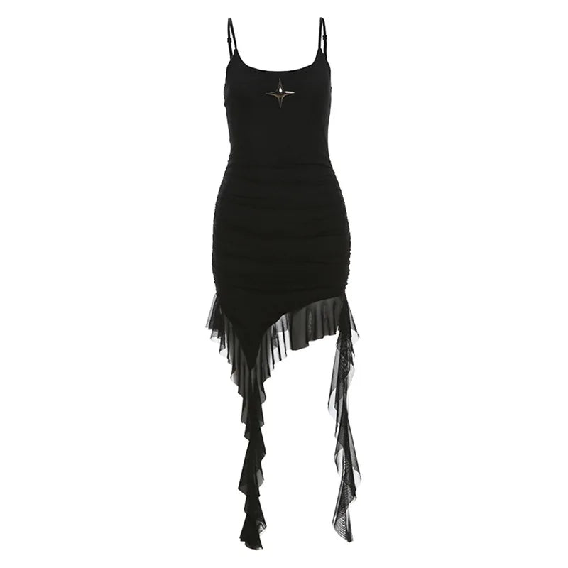 Y2K Asymmetrical Mesh Ruffle Mini Dress for Women - Sexy Spaghetti Strap Backless Summer Dress in Black & White | Perfect for Beach Parties, Club Nights & Date Nights