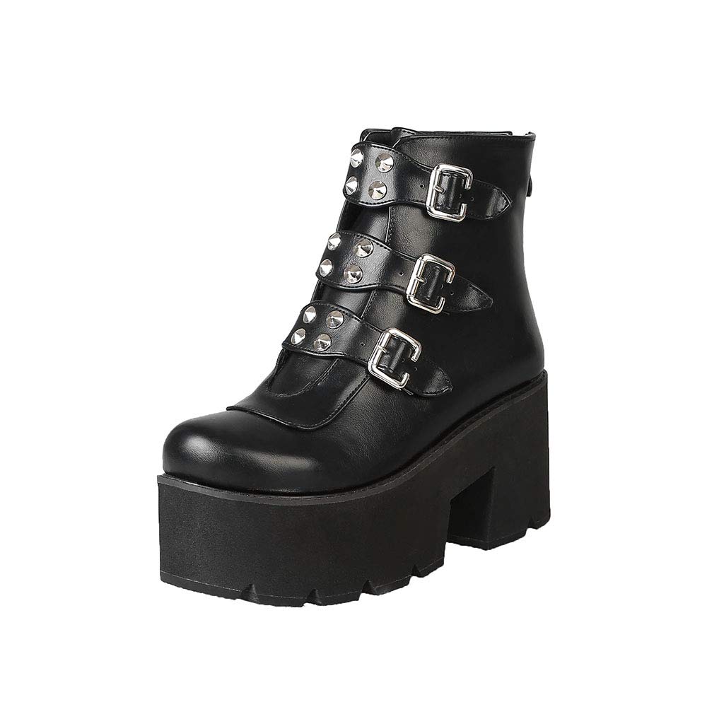 Verocara Women's Studded Mid Calf Combat Boots - Thick Platform Round Toe Punk Gothic Boots with Buckle & Rivet Details | Perfect for Halloween, Goth Fashion, Concerts and Everyday Edgy Style