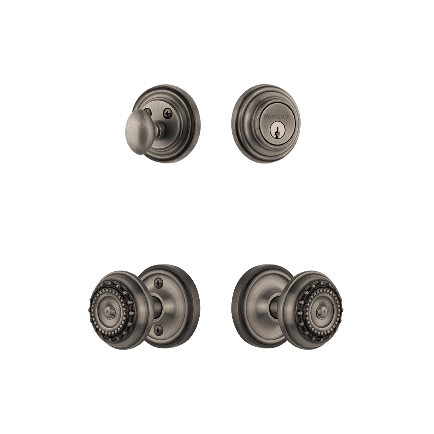 Vintage Rosette Entry Door Set with Meadows Knob in Antique Pewter - Perfect for Farmhouse, Cottage & Traditional Home Entryways