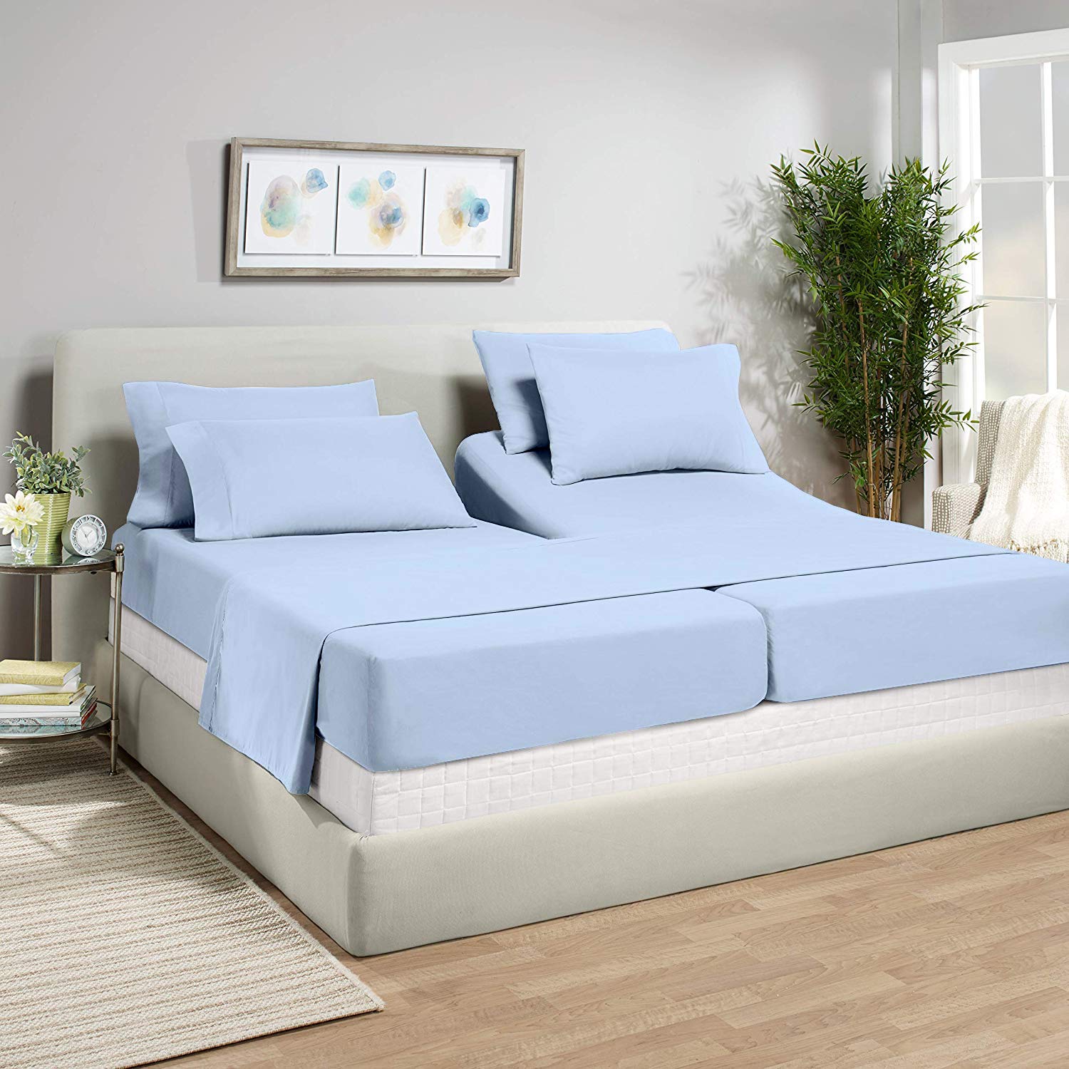 Split King Sheets Set for Adjustable Beds - 12 Inch Deep Pocket Cotton Twin XL Fitted Sheets - Sky Blue Solid Color - Perfect for Adjustable Beds, Guest Rooms & Master Bedrooms