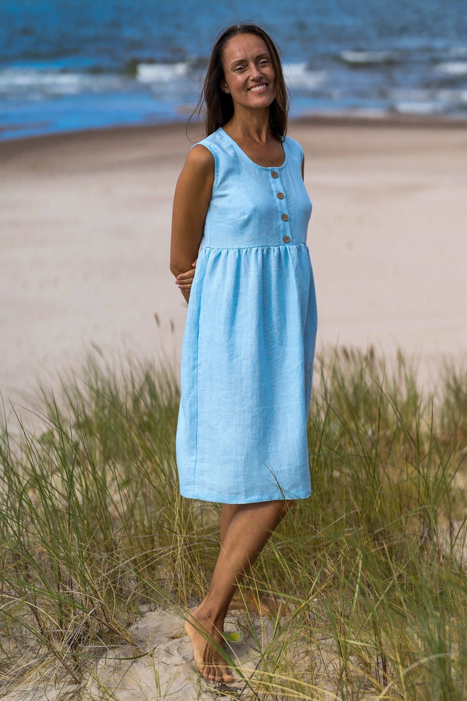 BARBARA Sleeveless Linen Maternity Dress - Sky Blue | Comfortable Summer Pregnancy Outfit for Beach, Brunch & Baby Shower