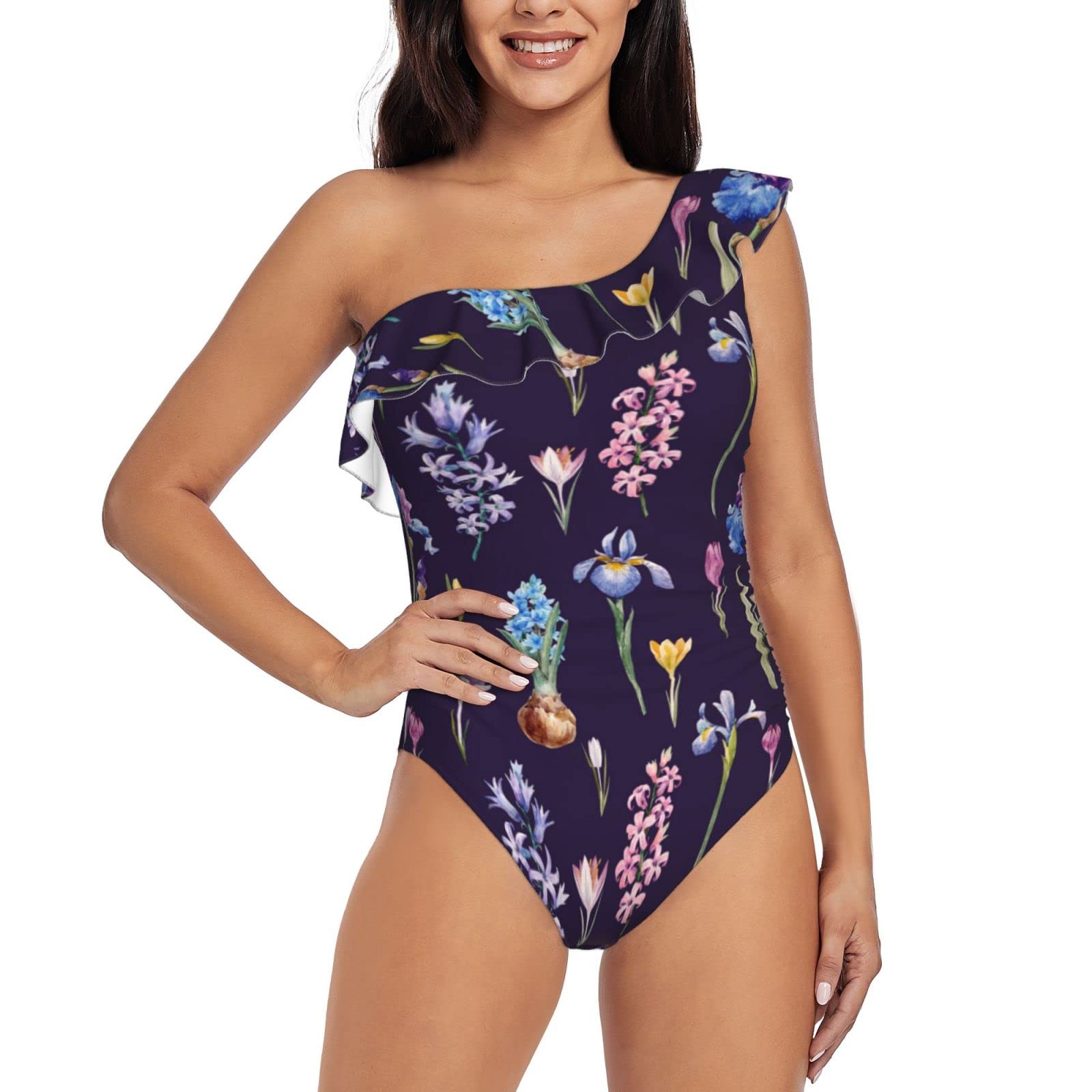 Women's One Piece Swimsuits - Watercolor Floral Print One Shoulder Asymmetric Ruffle Monokini Bathing Suit for Beach Vacation & Pool Party