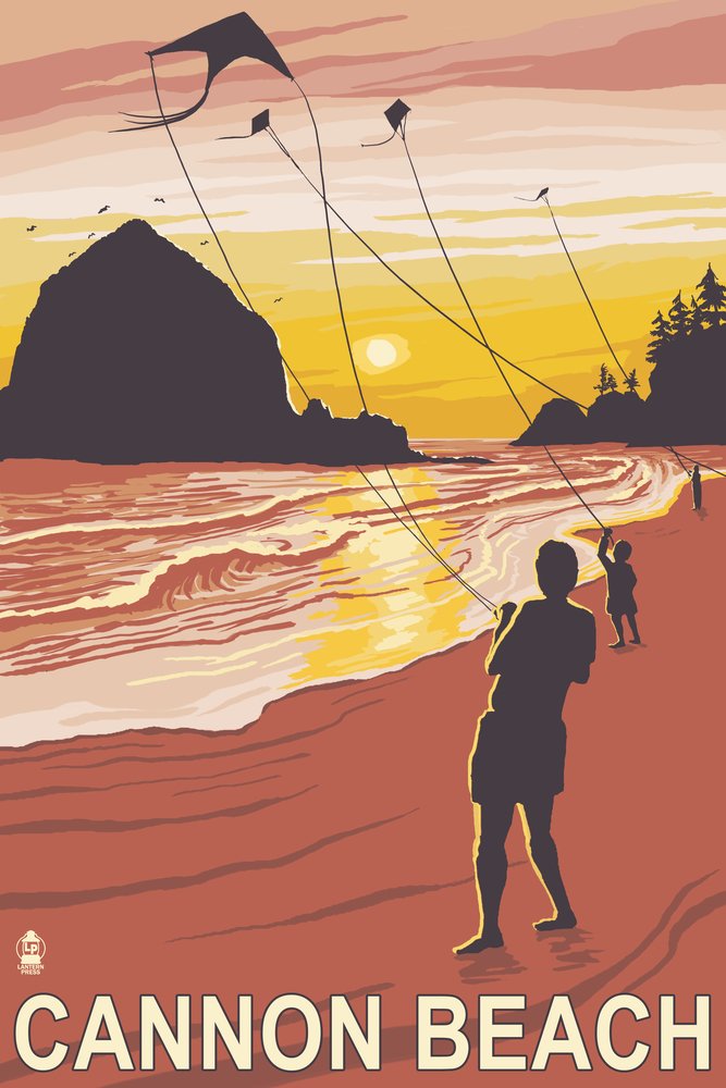 Beach and Kites at Cannon Beach, Oregon - 9x12 Wall Art Poster, Digital Print, Coastal Decor for Living Room, Bedroom, or Office