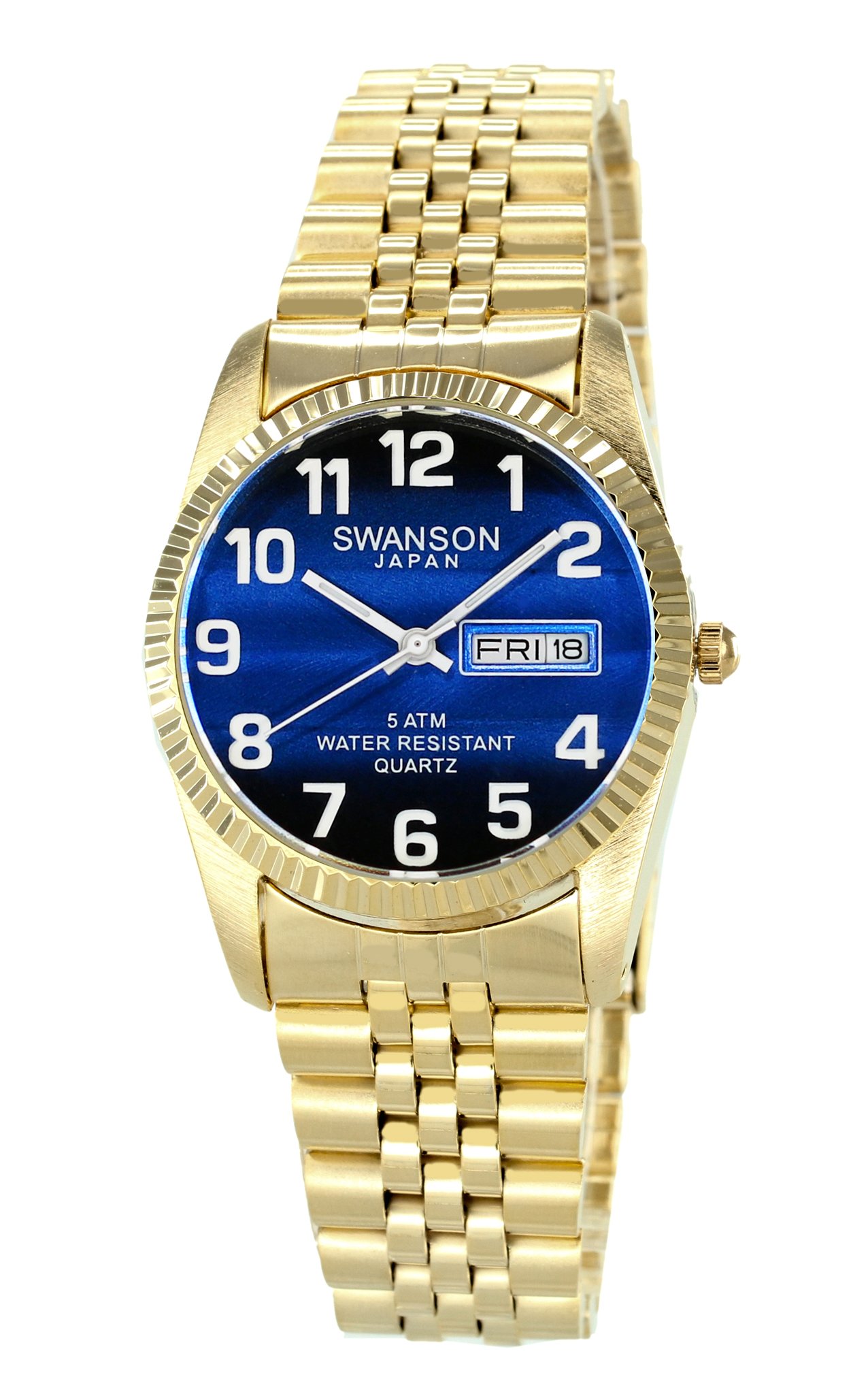 Swanson Men's Gold Day-Date Watch - Blue Dial with Large White Numbers - Luxury Dress Watch for Business & Formal Occasions