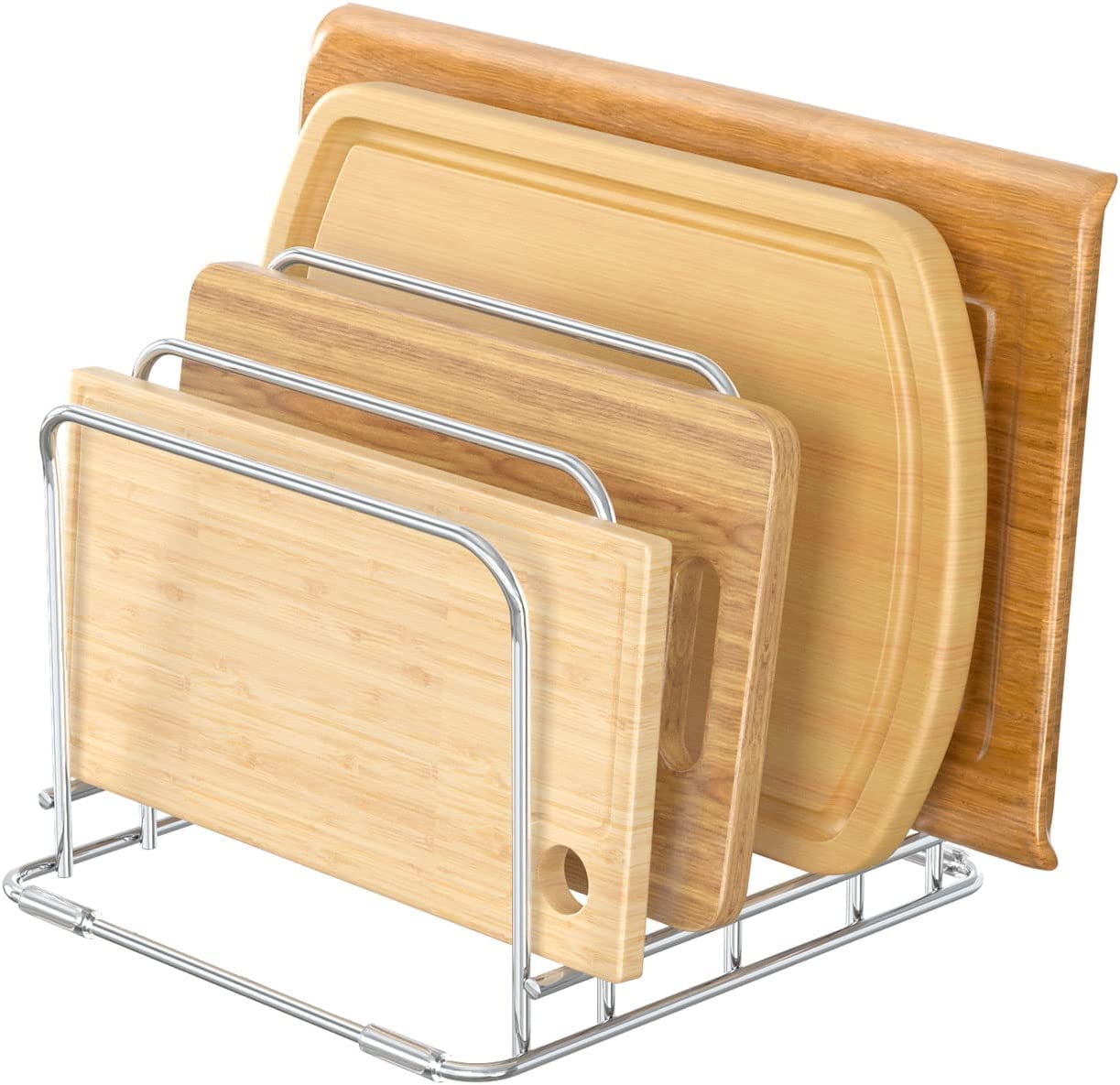 Premium Indian Decor 31423 Bamboo Cutting Board Organizer - 4-Slot Kitchen Storage for Pans, Baking Sheets, Cooling Racks & Serving Trays (2 Adjustable Widths) | Space-Saving Countertop Organizer for Small Kitchens & Pantry Organization