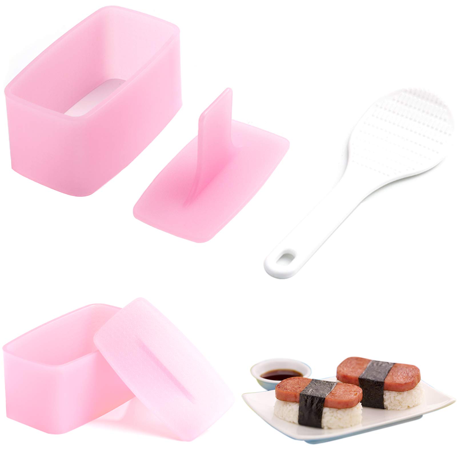 2 Pack Non-Stick Sushi Rice Press Mold & Rice Paddle - Hawaiian Musubi Maker Kit for Onigiri, Spam Musubi - Perfect for Home Cooking, Meal Prep, Picnics & Japanese Food Lovers (Pink)