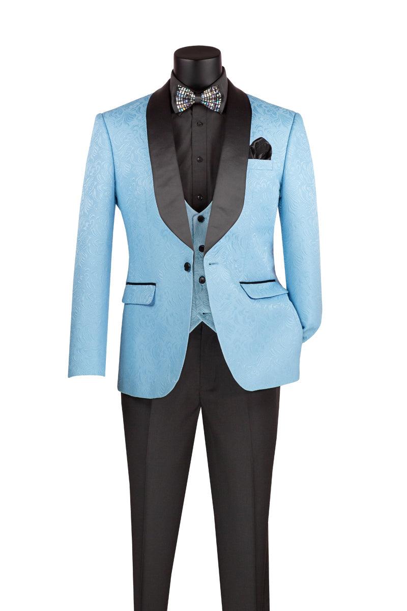 Light Blue Jacquard Three-Piece Slim Fit Tuxedo Suit for Men - Perfect for Weddings, Prom & Formal Events