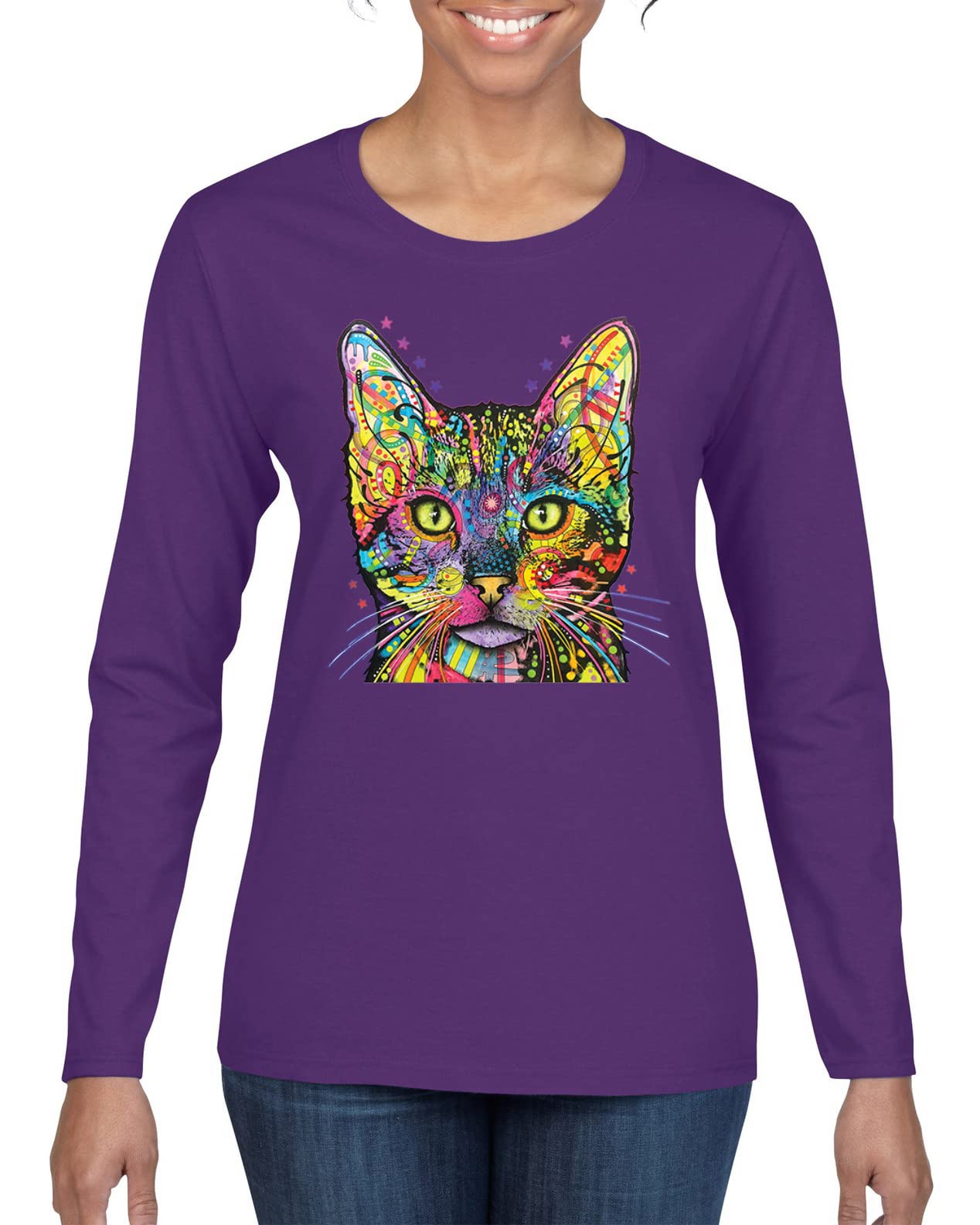 Dean Russo Art Cat Lovers Graphic Long Sleeve T-Shirt for Women - Colorful Cat Design, Perfect Gift for Cat Mom & Dad - Casual Wear, Cat-Themed Outfits, Animal Lover Fashion
