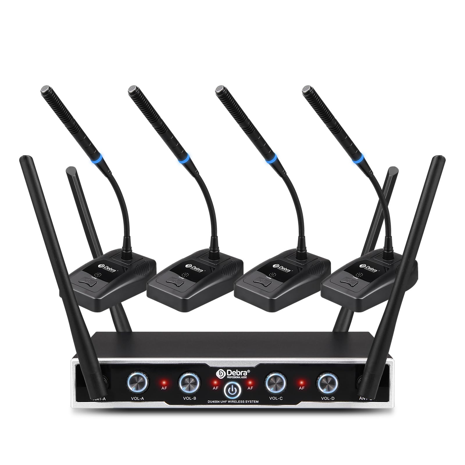 Debra DU4004 UHF Wireless Microphone System - 4 Adjustable Channels with 16 Frequencies, Handheld Lavalier Headset Mics for Professional Audio - Perfect for Meetings, Church Services, Speeches, Parties & Conferences