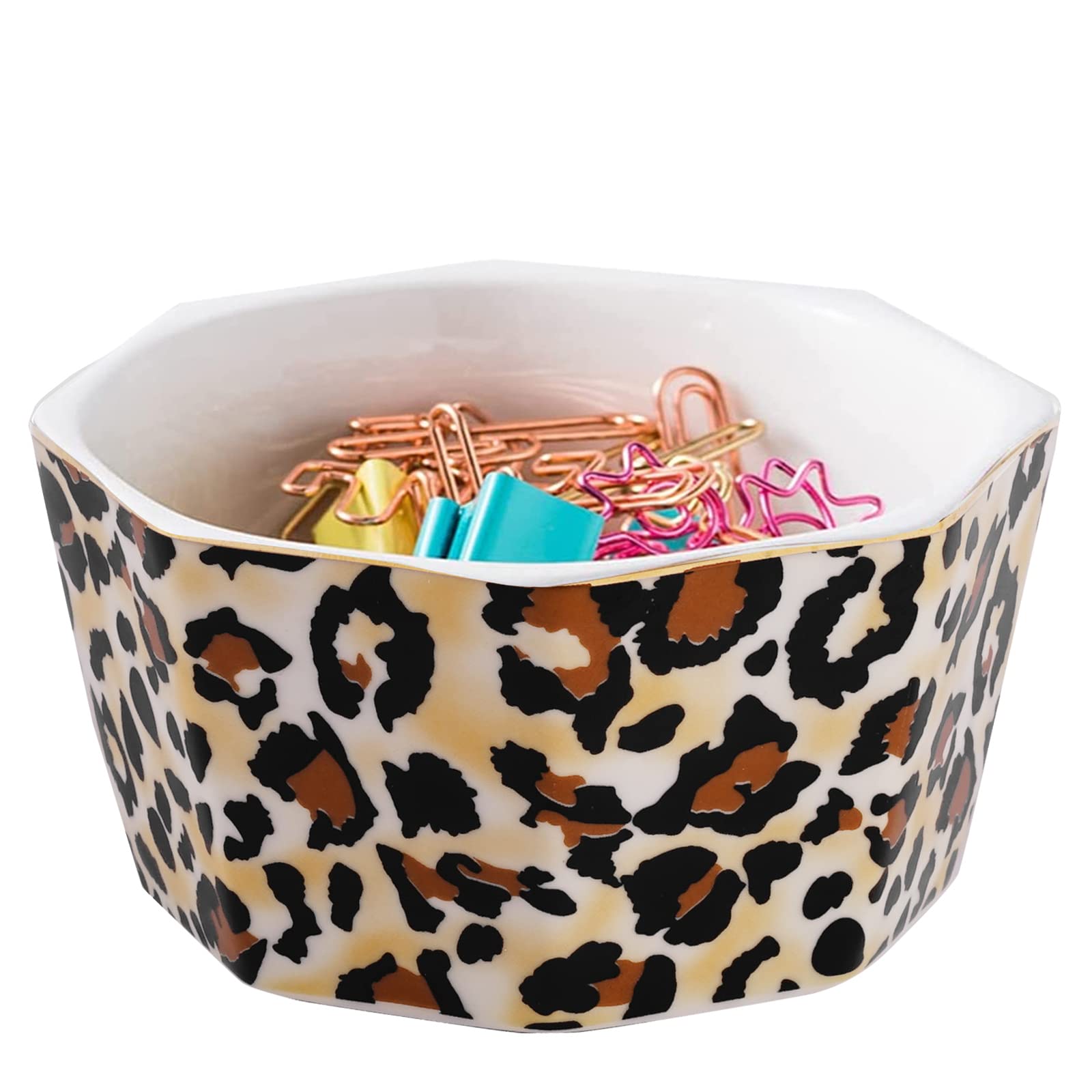 Ceramic Paper Clip Holder - Cute Leopard Print Desk Organizer for Binder Clips, Paperclips & Hair Accessories | Office Supplies Storage Cup for Workstation & Home Office Decor (Brown)