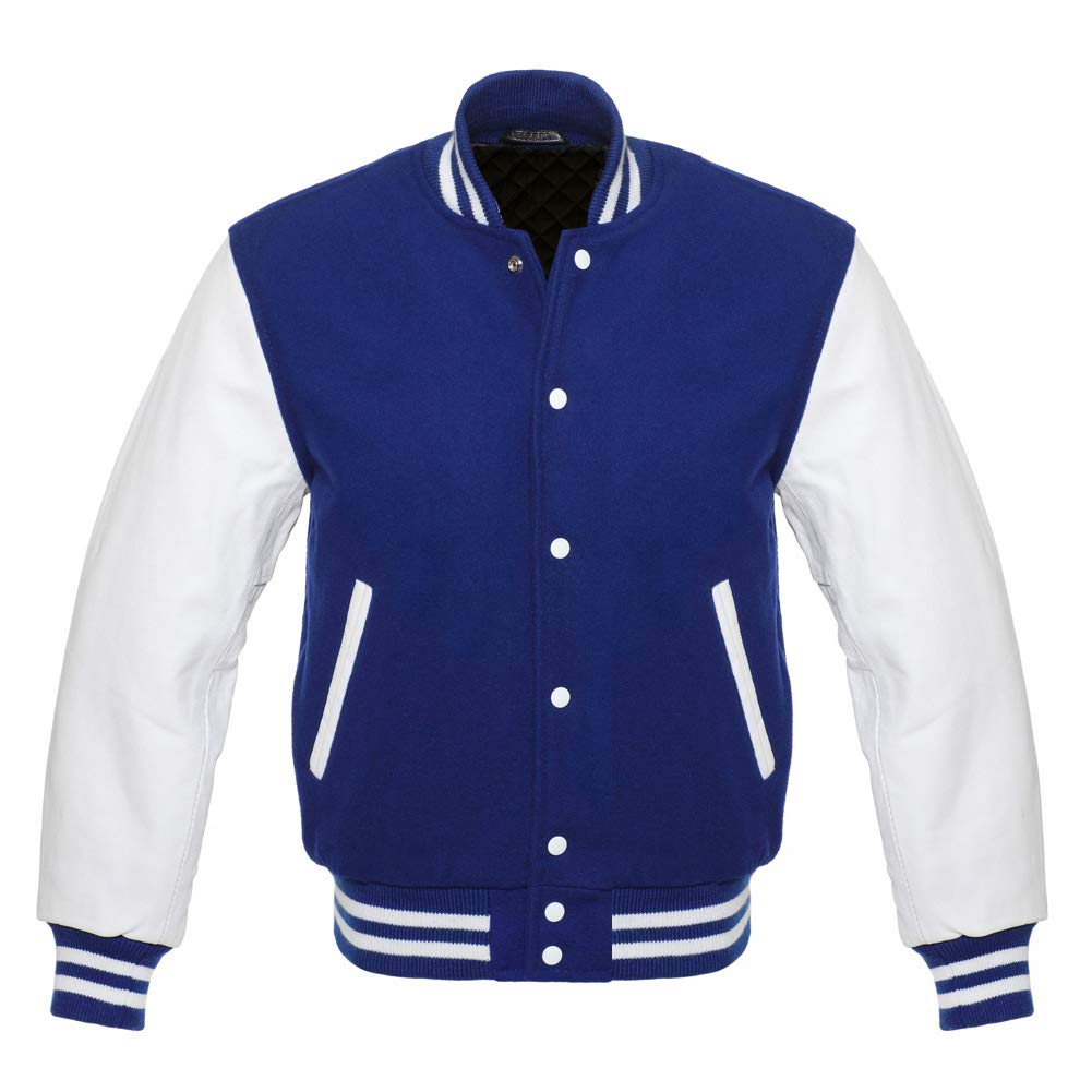Vintage Navy Blue Wool Letterman Varsity Jacket with White Genuine Leather Sleeves - Classic Bomber Style for High School, College & Casual Outfits