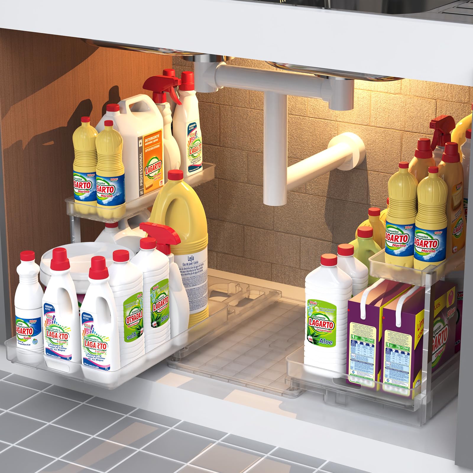 Under Sink Organizer with Waterproof Tray - L-Shaped Pull Out Cabinet Storage for Kitchen & Bathroom | Space Saving Solution for Cleaning Supplies & Toiletries