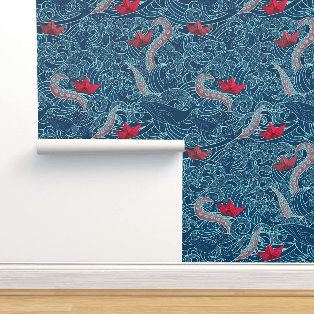 Premium Commercial Grade Wallpaper 27ft x 2ft - Octopus Ocean Origami Boats Wave Humpback Whale Nautical Hawaii Traditional Design | Waterproof Peel & Stick Wallpaper for Bathroom, Kitchen, Nursery, Office Decor