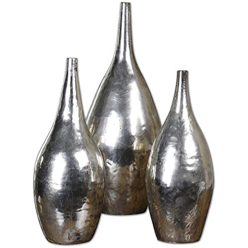 BOWERY HILL Modern Silver Metal Vases Set of 3 - Elegant Home Decor for Living Room, Dining Table & Wedding Centerpieces