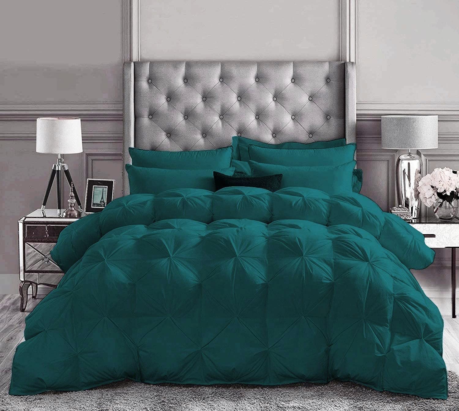 Luxury 500 GSM Teal Blue 5-Piece Pinch Pleated Super Queen Size Comforter Set - 100% Egyptian Cotton (Comforter + 4 Pillow Shams) | Ultra Soft Bedding for Master Bedroom, Guest Room & Hotel Use