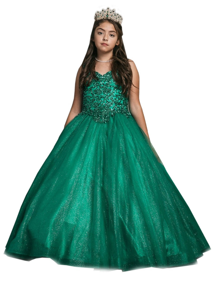 Emerald Green Embroidered Glitter Tulle Gown for Big Girls (Sizes 8-16) - Perfect for Prom, Quinceañera & Special Occasions