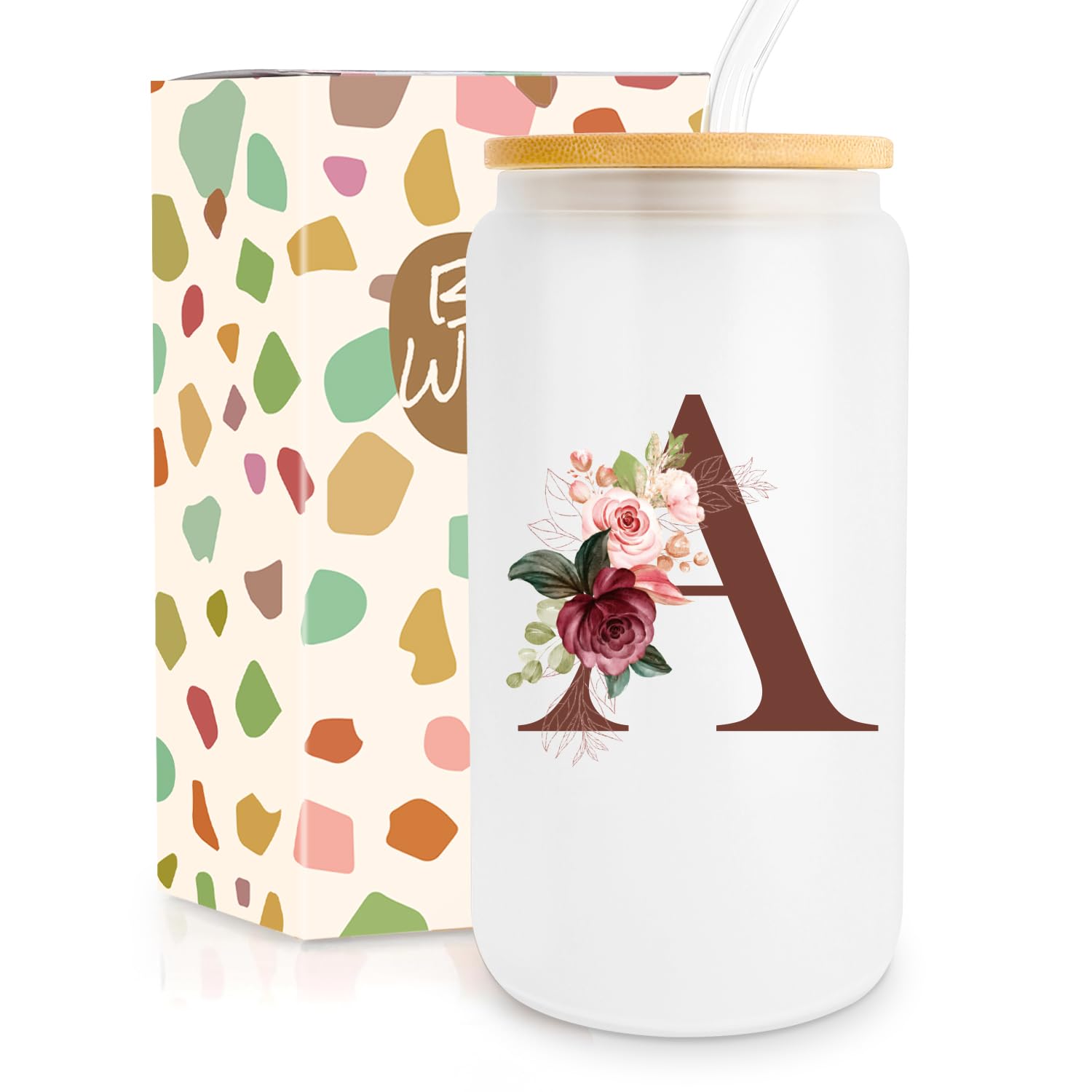 Personalized 16 Oz Glass Tumbler with Lid & Straw - Custom Monogrammed Coffee Cup - Perfect Birthday, Mother's Day Gift for Women - Ideal for Iced Coffee, Smoothies & Office Use