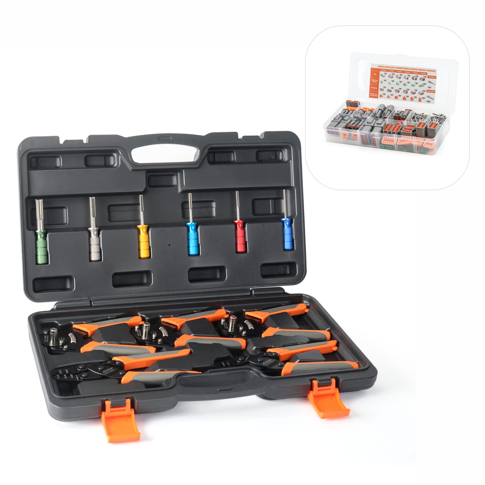 Premium iCrimp Deutsch Crimper Kit & DT Connector Kit with Stamped Contacts - Professional Automotive Electrical Wiring Tool Set for Truck, Trailer, and Heavy Equipment Repairs